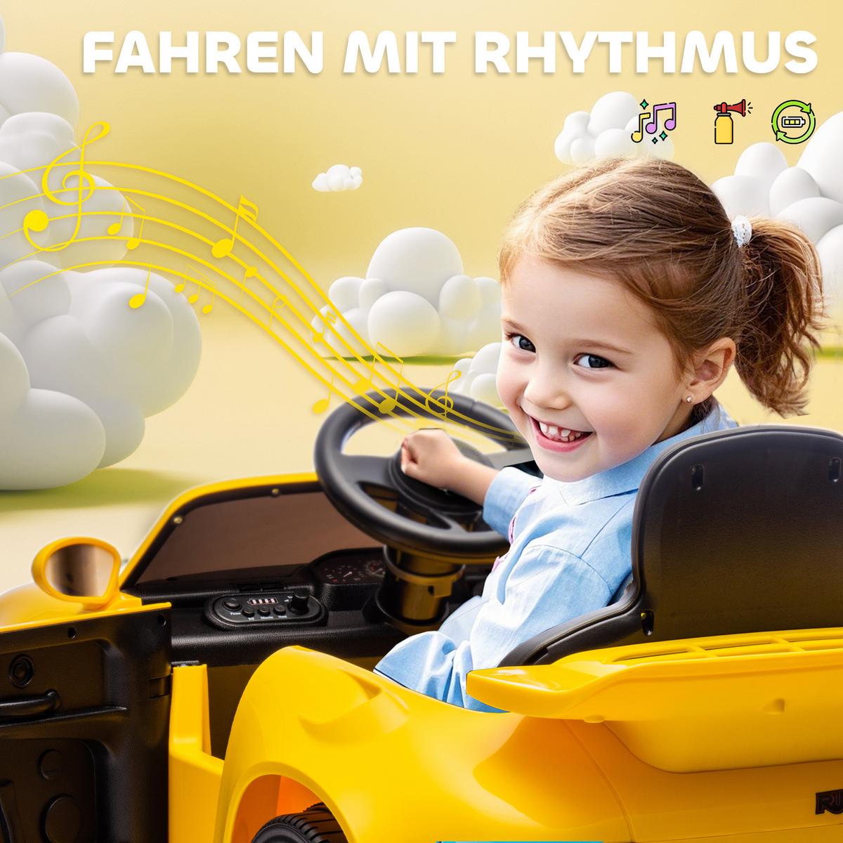 KINDER-ELEKTROAUTO 12V Kinderauto mit 2,4 GHz Fernbedienung, 2 Motor, Softstart - Gelb, Metall (103/55/44cm) - AIYAPLAY