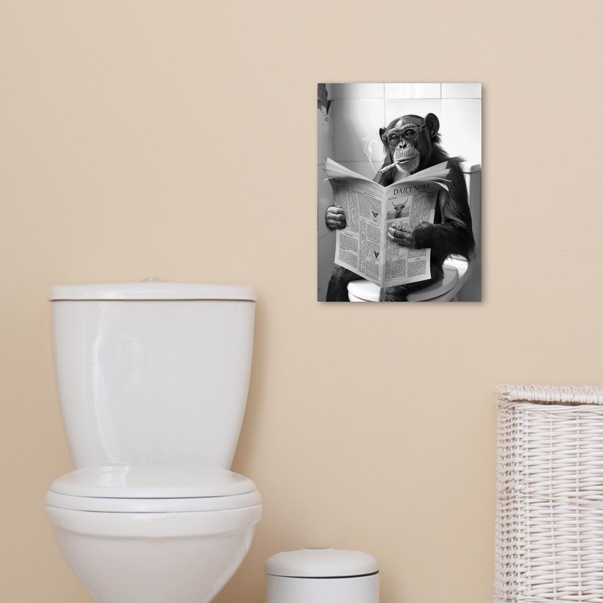 LEINWANDBILD Affe - WC - Zeitung - Schwarz-Weiß - Humor Room Decor 30x40 cm - Hellgrau, Textil (30/40cm) - MuchoWow
