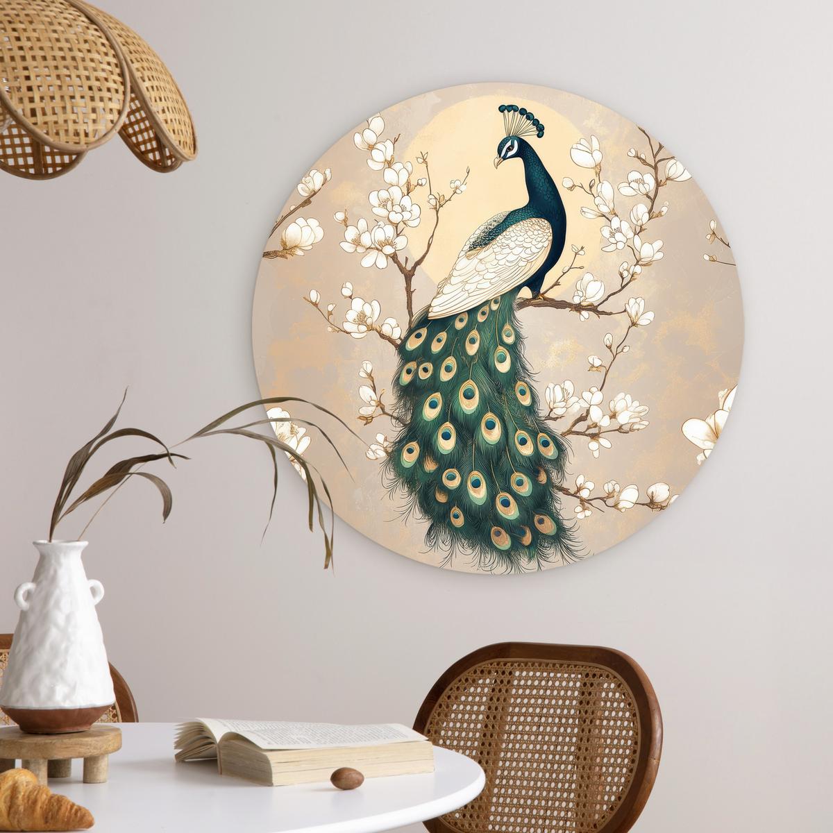WANDBILD Pfau - Zweig - Blumen Wanddeko Schlafzimmer 60x60 cm - Champagner, Kunststoff (60/60cm) - MuchoWow