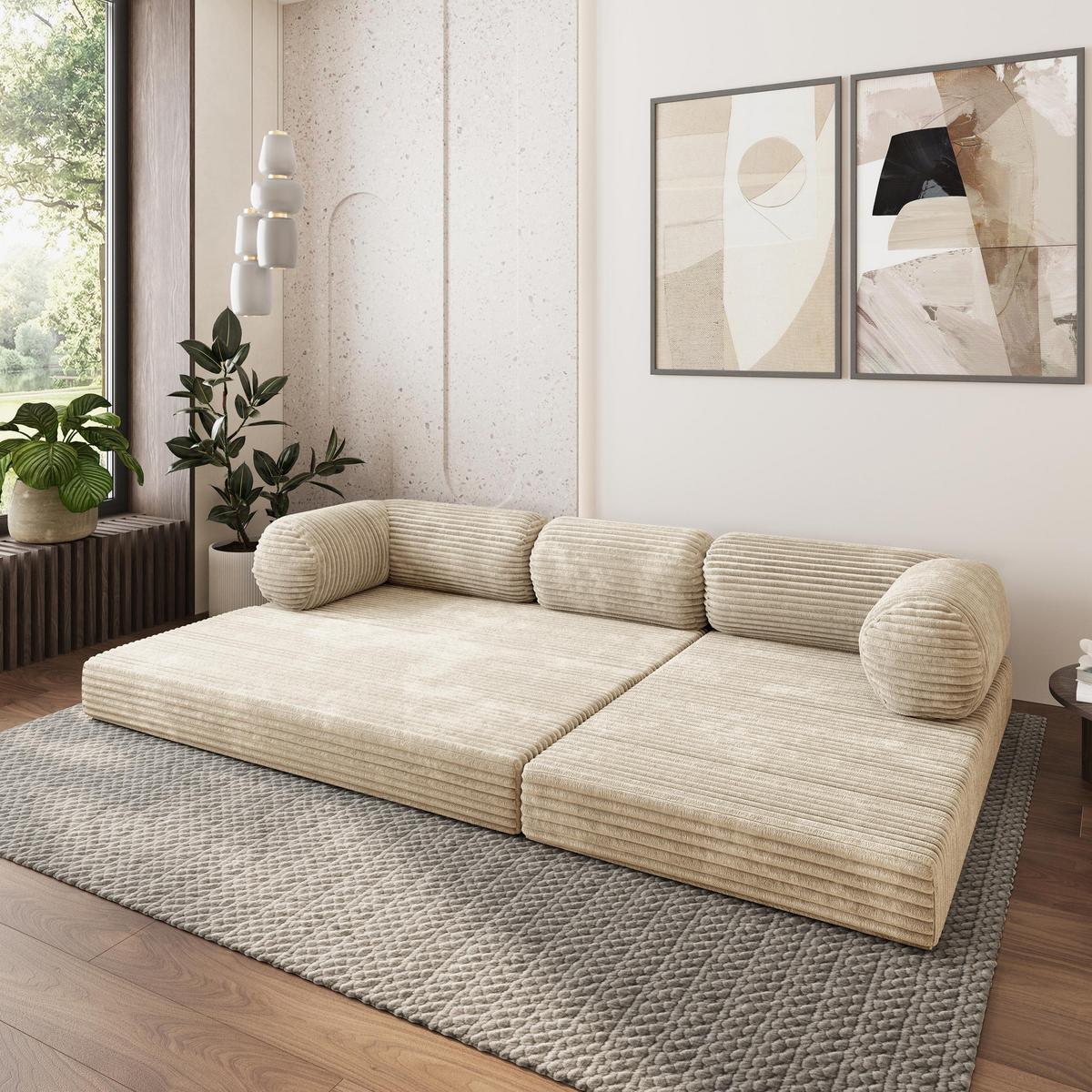 ECKSOFA ETERA modulares Boneless Sofa mit Schlaffunktion Creme Kordstoff - Creme, Textil (270/160cm) - MASSENO