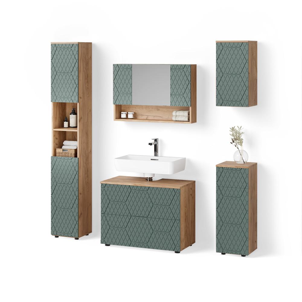 BADMÖBEL-SET Ronco Grün/Goldkraft Eiche 5 Teile - Honigeiche/Grün, Holzwerkstoff (80/58/41cm) - Livinity®