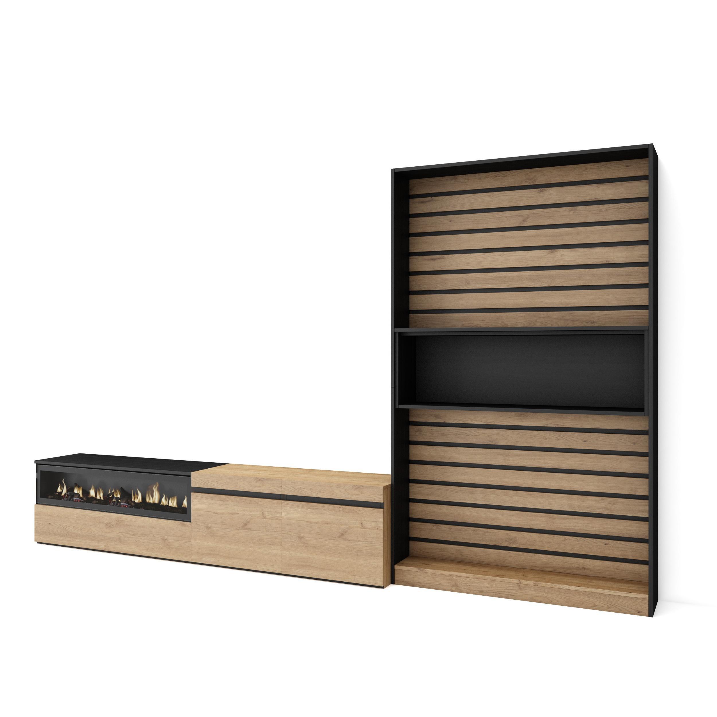 WOHNWAND Wohnzimmer, eiche, schwarz, Elektrokamin,, 310/35/186cm - Eichefarben/Beige, Holzwerkstoff (310/186/35cm) - Skraut Home