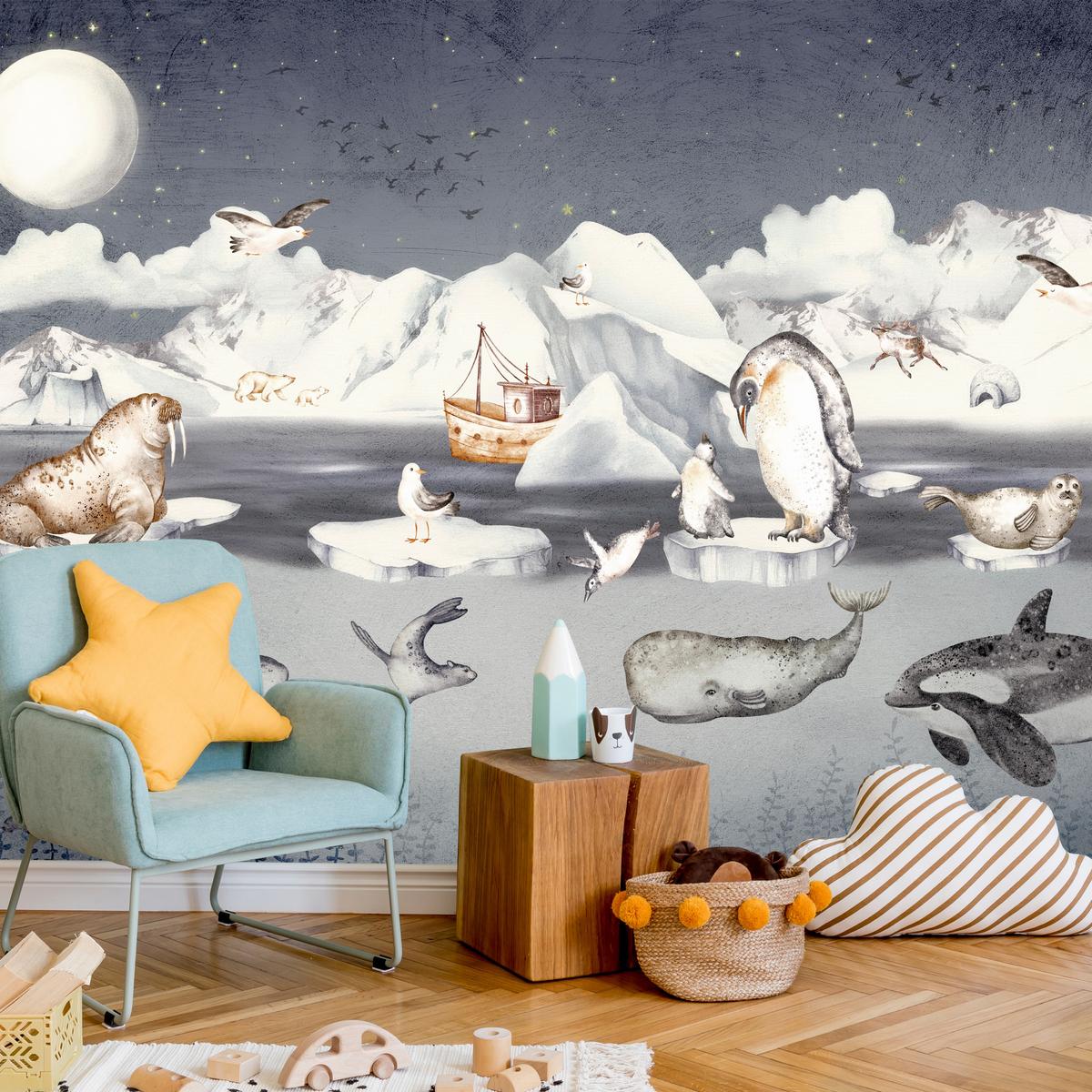 FOTOTAPETE für Kinderzimmer Arktische Tiere Pinguine Robben Mond Gebirge 500x350 - Orange/Weiß, Papier (500/350cm) - Muralo