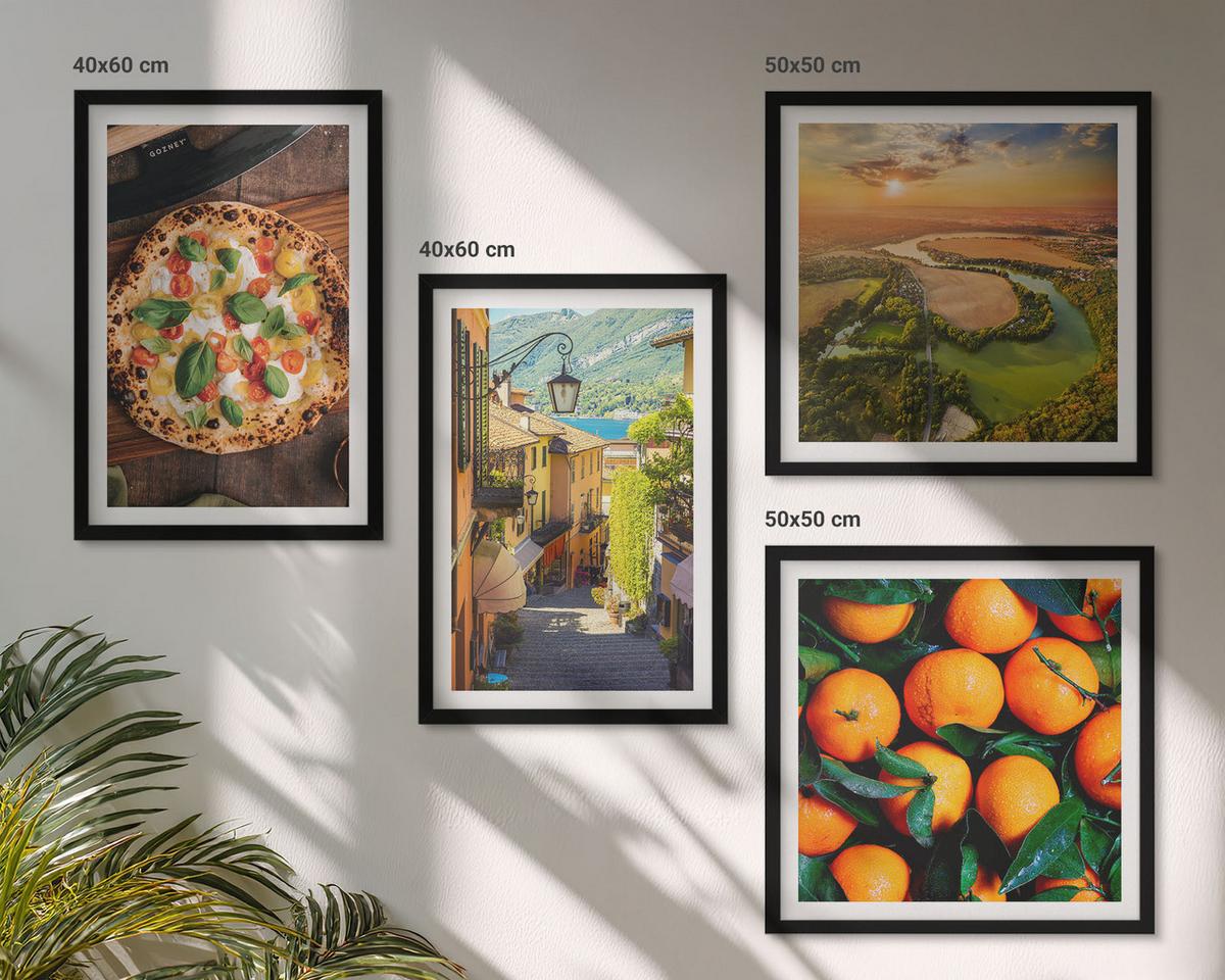 BILDER SET 4er Set - 50x50 cm & 40x60 cm Schwarzer Rahmen - Italienische Flüsse, Hügel, Straße - Schwarz, Kunststoff (50/50cm) - TULUP