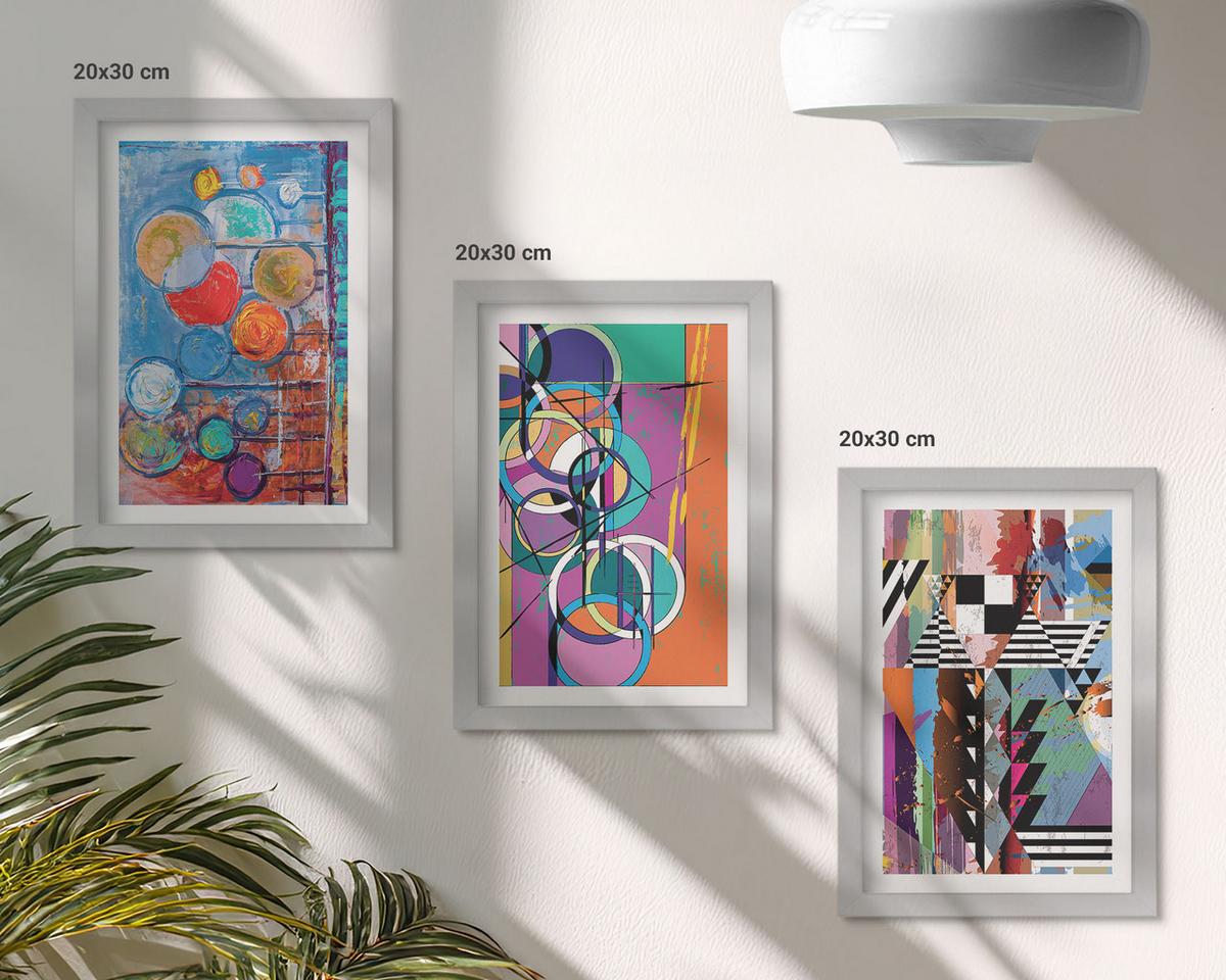 BILDER SET 3er Set - 20x30 cm Silberner Rahmen - Bunte abstrakte Kreise Geometrie - Silberfarben, Kunststoff (20/30cm) - TULUP