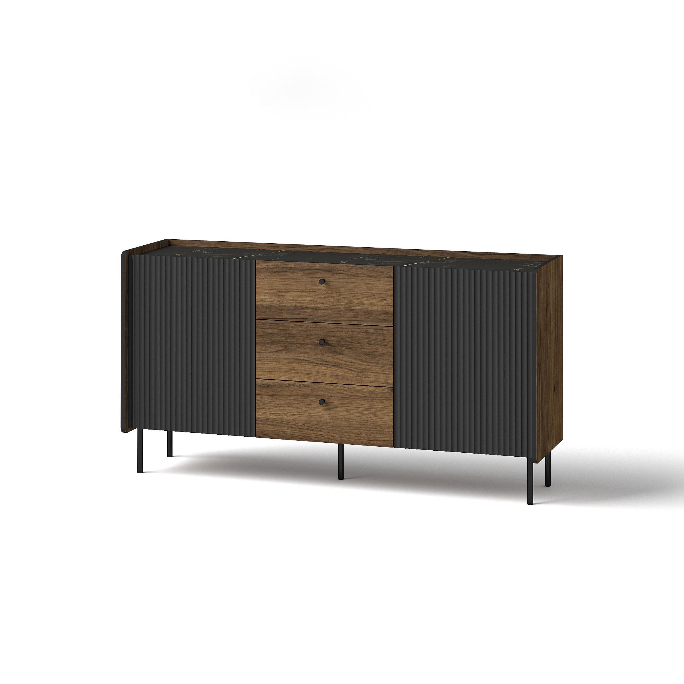 KOMMODE Piano mit 2 Türen und 3 Schubladen, Mattschwarz + Warmia-Nussbaum - Dunkelbraun/Schwarz, Holzwerkstoff (150/79/40cm) - Beautysofa