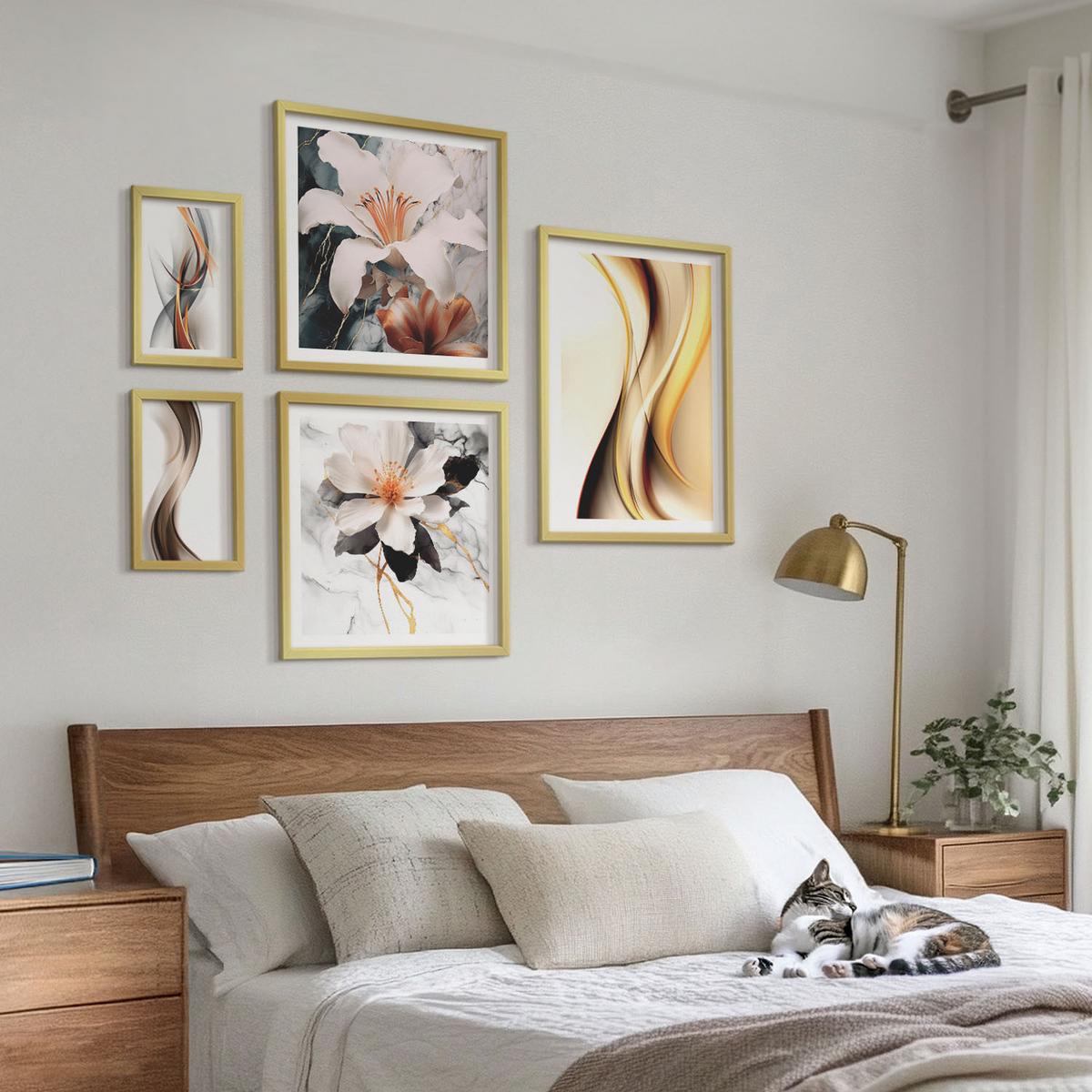 BILDER SET 5er Set - 50x50 cm & 20x30 cm & 40x60 cm Goldrahmen - Charmante Straßen und Pizza - Goldfarben, Kunststoff (40/60cm) - TULUP