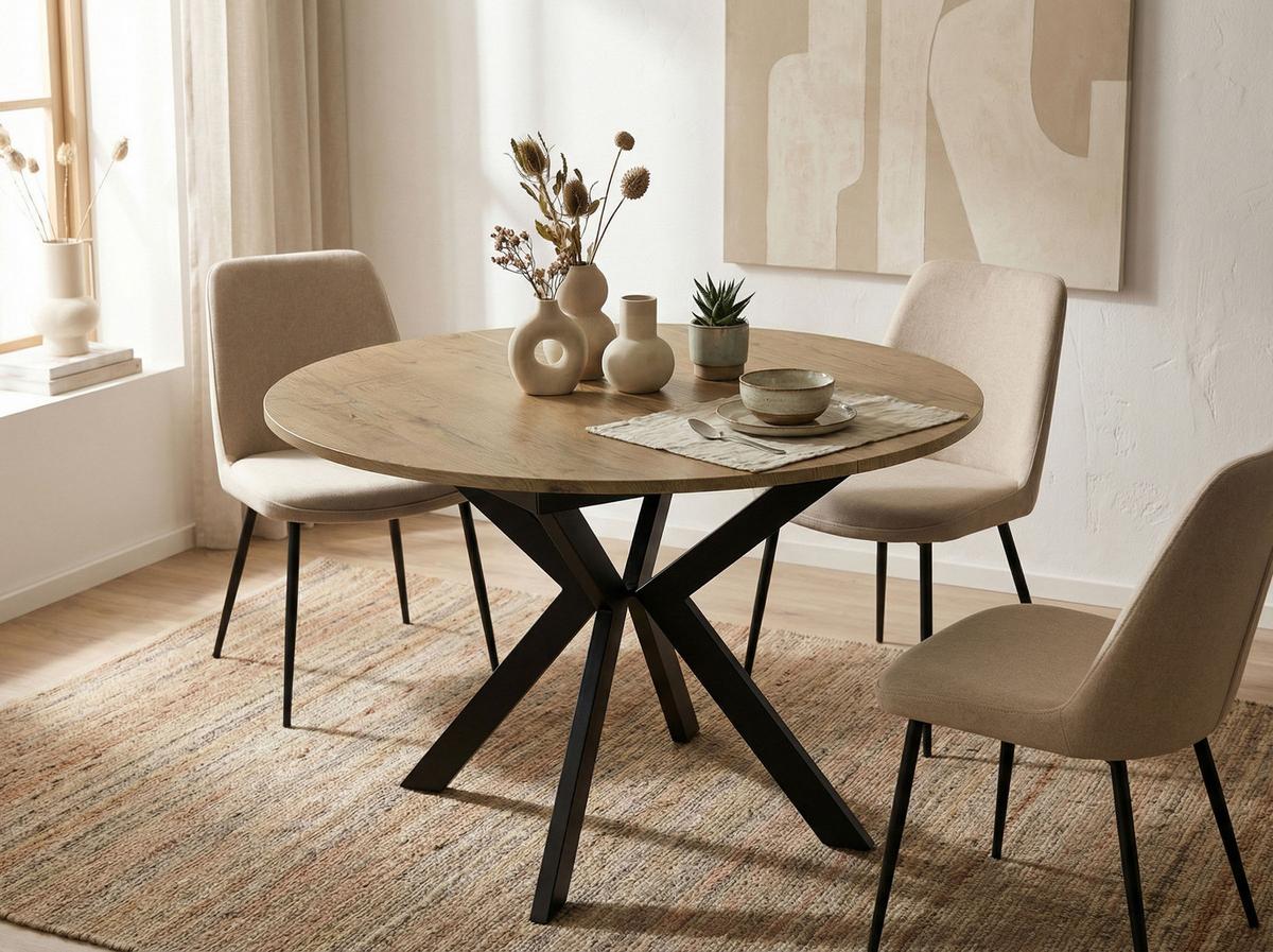 ESSTISCH Lily runder ausziehbarer, Lancelot Eiche 100-140/100/76 cm - Eichefarben/Schwarz, Holzwerkstoff/Metall (100/100/76cm) - WFL GROUP
