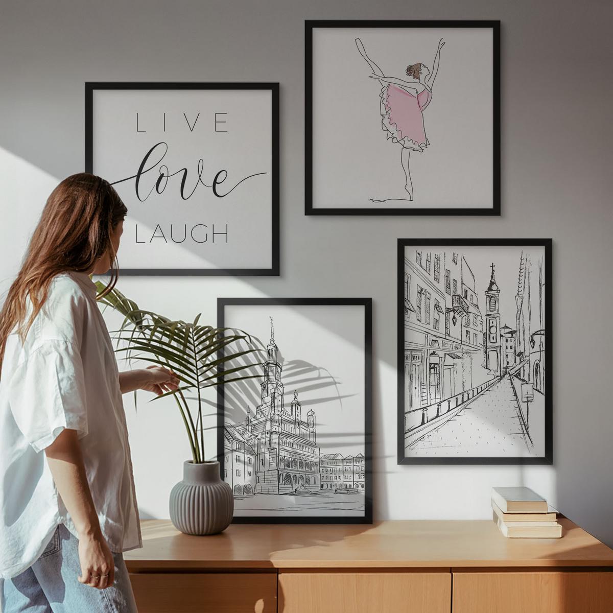 BILDER SET 4er Set - 50x50 cm & 40x60 cm Schwarzer Rahmen - Stilvolle Grafik, Ballerina-Architektur - Schwarz, Kunststoff (50/50cm) - TULUP