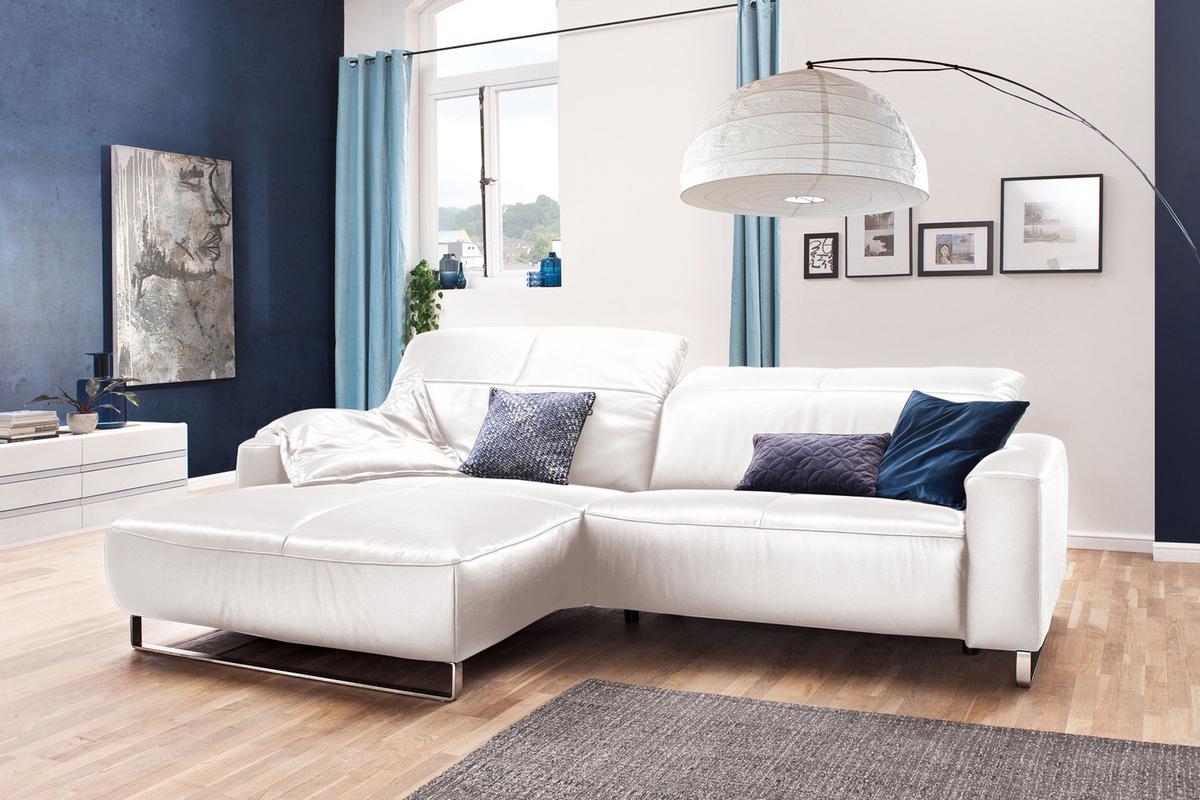 ECKSOFA YORK Ecru Leder - Ecru/Silberfarben, Leder (284/180cm) - KAWOLA