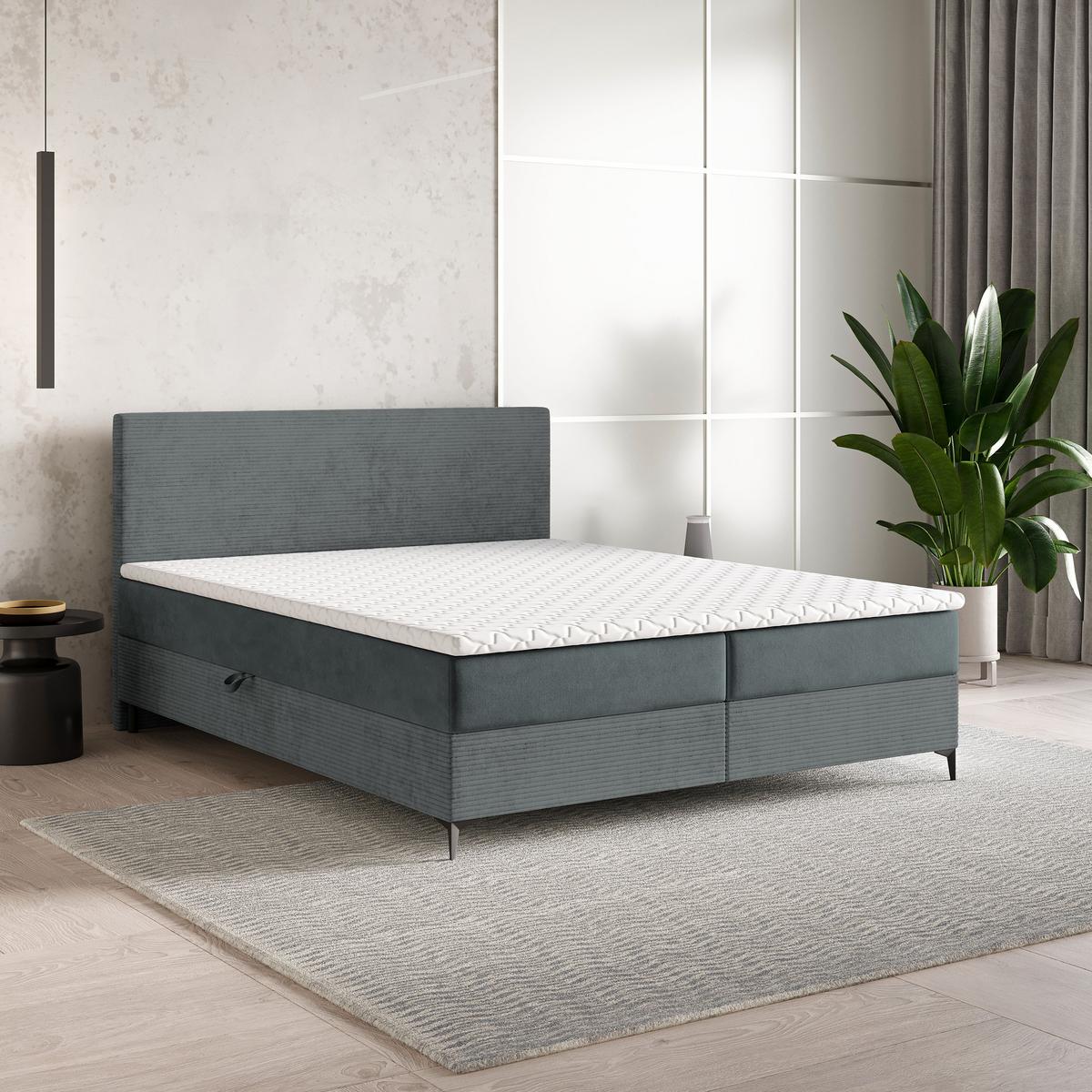 BOXBETT TORREL 180x200 cm mit Matratze und Topper - Grau - Grau, Holz (180/200cm) - MASSENO