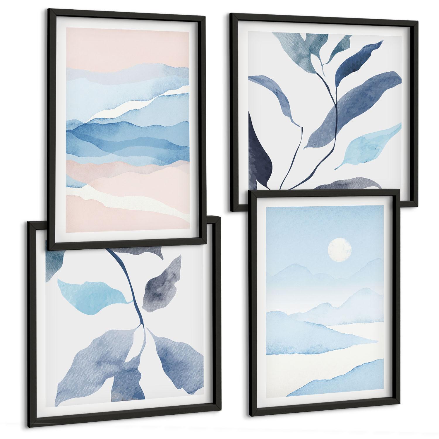 BILDER SET 4er Set - 50x50 cm & 40x60 cm Schwarzer Rahmen - Berglandschaften, Aquarellpflanzen - Schwarz, Kunststoff (50/50cm) - TULUP