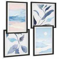 BILDER SET 4er Set - 50x50 cm & 40x60 cm Schwarzer Rahmen - Berglandschaften, Aquarellpflanzen - Schwarz, Kunststoff (50/50cm) - TULUP