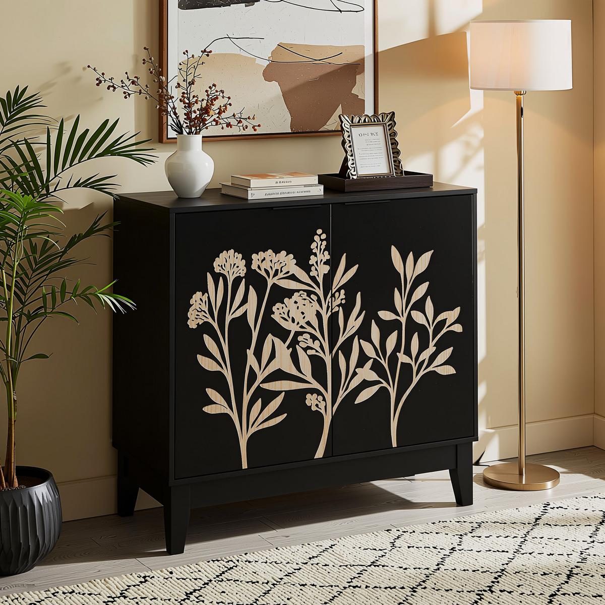 SIDEBOARD 80 cm Schwarz MDF mit 2 Türen, geschnitzter Front und verstellbaren Regalen - Schwarz, Holzwerkstoff (80/76/38cm) - Urban Meuble