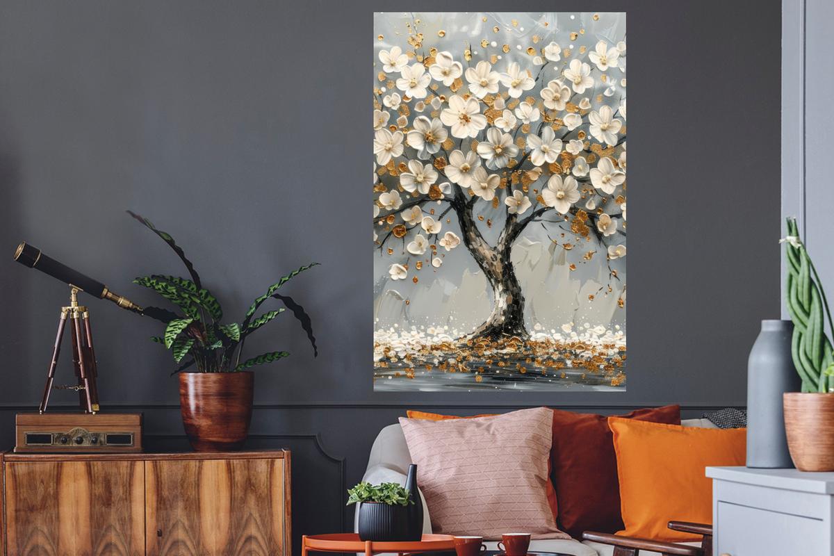 WANDTATTOO Baum - Blumen - Weiß - Natur - Kunst Wandaufkleber 80x120 cm - Weiß, Kunststoff (80/120/0.1cm) - MuchoWow