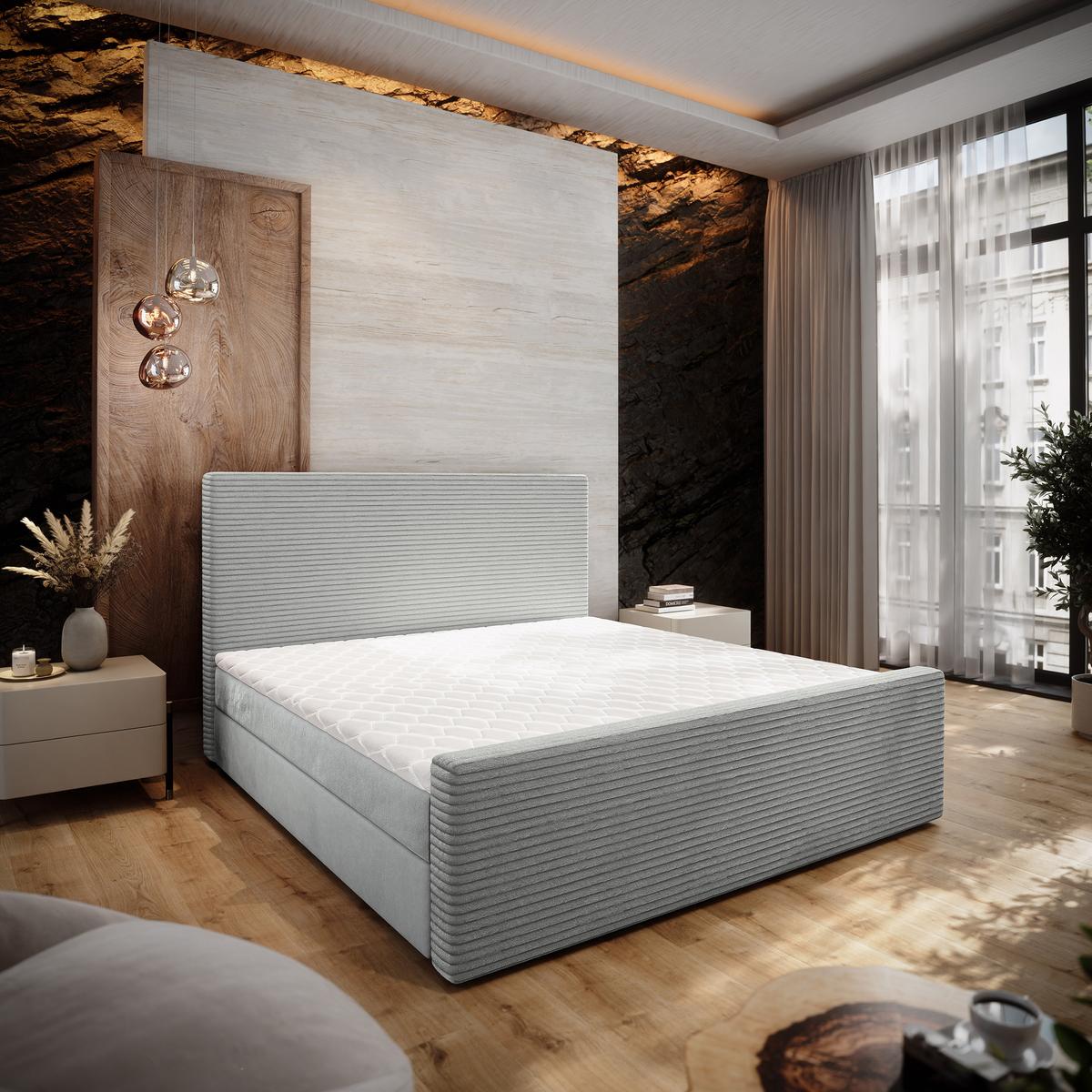 BOXBETT ALORIA 160x200 cm mit Matratze und Topper - Hellgrau - Hellgrau, Holz (160/200cm) - MASSENO