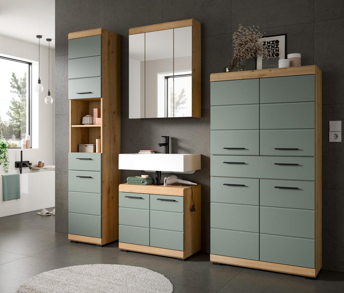 MIDISCHRANK Salbei grün, Eiche Artisan 74 x 141 cm, Badschrank 4-türig - Salbeigrün/Schwarz, Holzwerkstoff/Kunststoff (74/141/31cm) - Inn.Furn