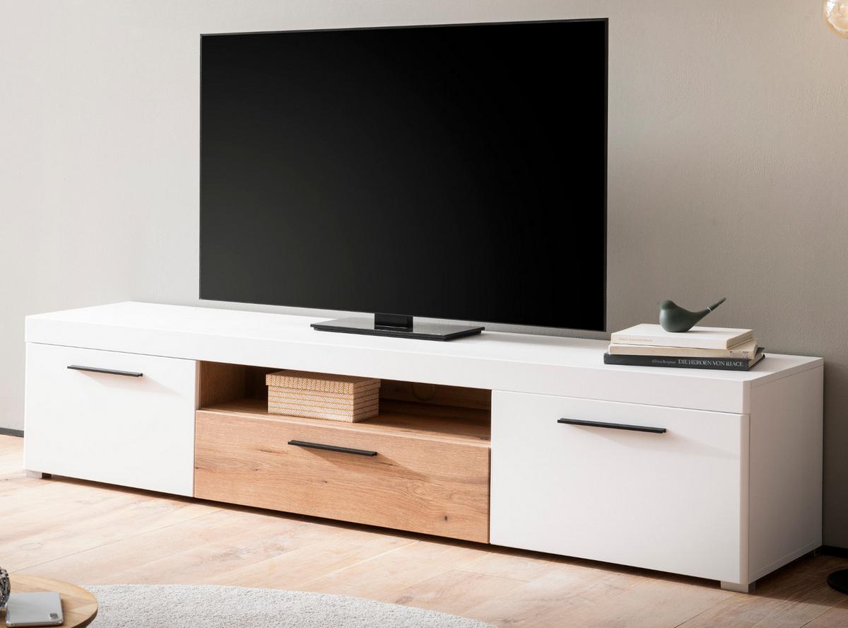 TV-LOWBOARD weiß matt, Evoke Eiche, TV Unterteil 205 cm, Soft-Close-Funktion - Eichefarben/Silberfarben, Holzwerkstoff/Kunststoff (205/44/45cm)
