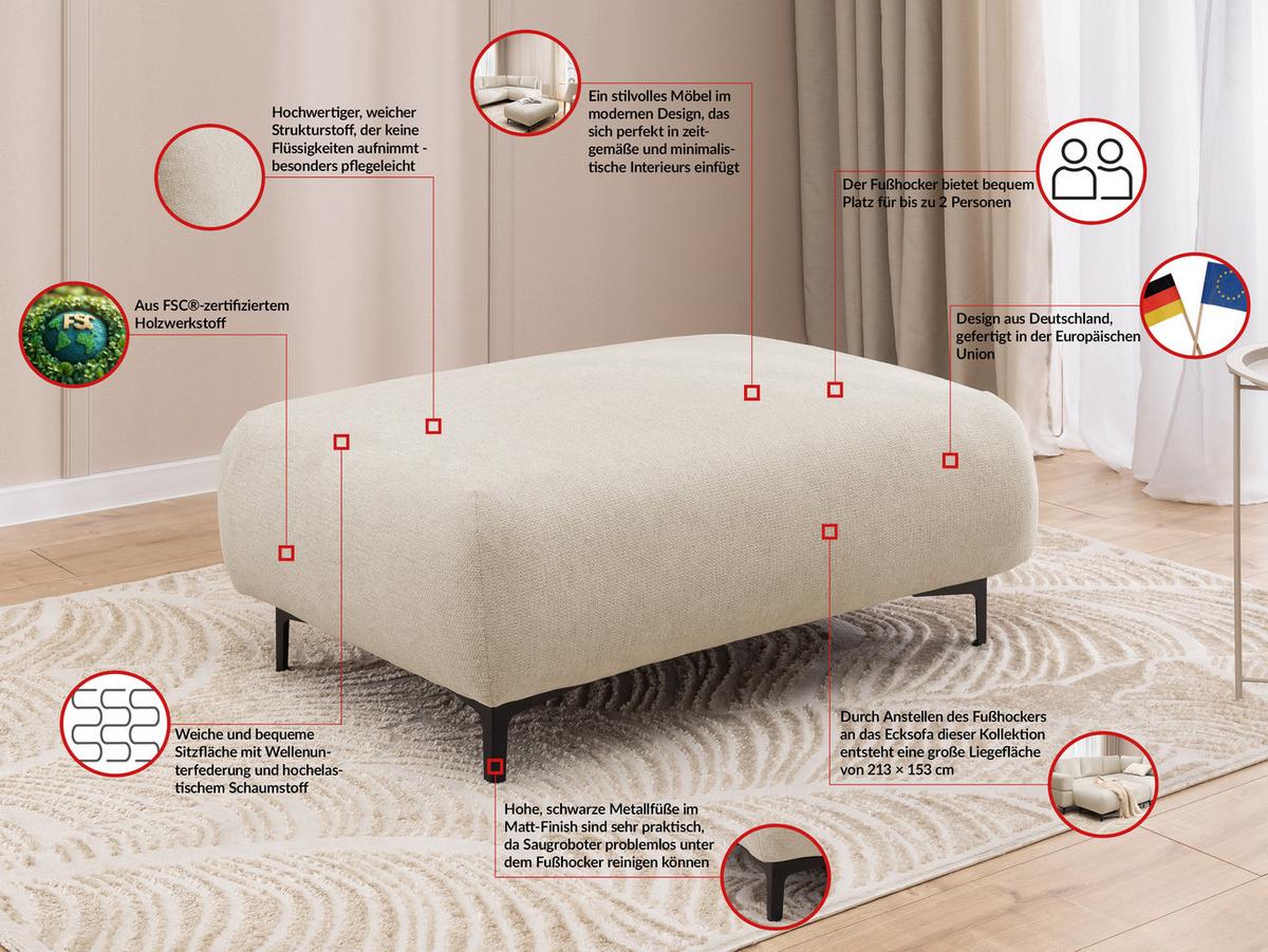ECKSOFA inkl. Hocker Cardea mit Schlaffunktion in Bubble-Optik aus weichem Hellbeige Strukturstoff und hohem Sitzkomfort - Ottomane links - Beige/Schwarz, Holz/Textil (170/230cm) - S-Style Möbel