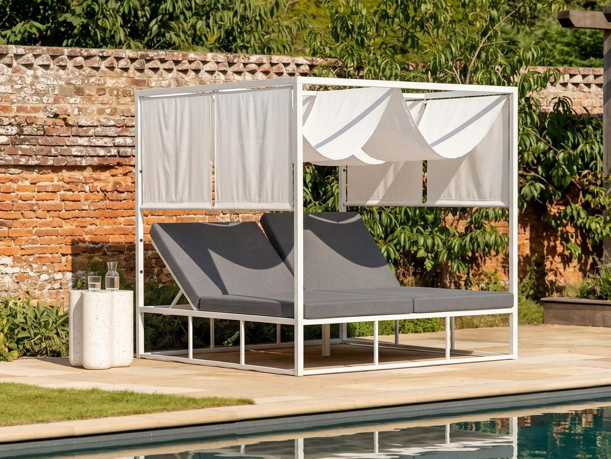 SONNENBETT mit Sonnendach Aluminium Weiß Auflagen Grau verstellbar Pallanza - Weiß/Grau, Metall (195/196/196cm) - Beliani