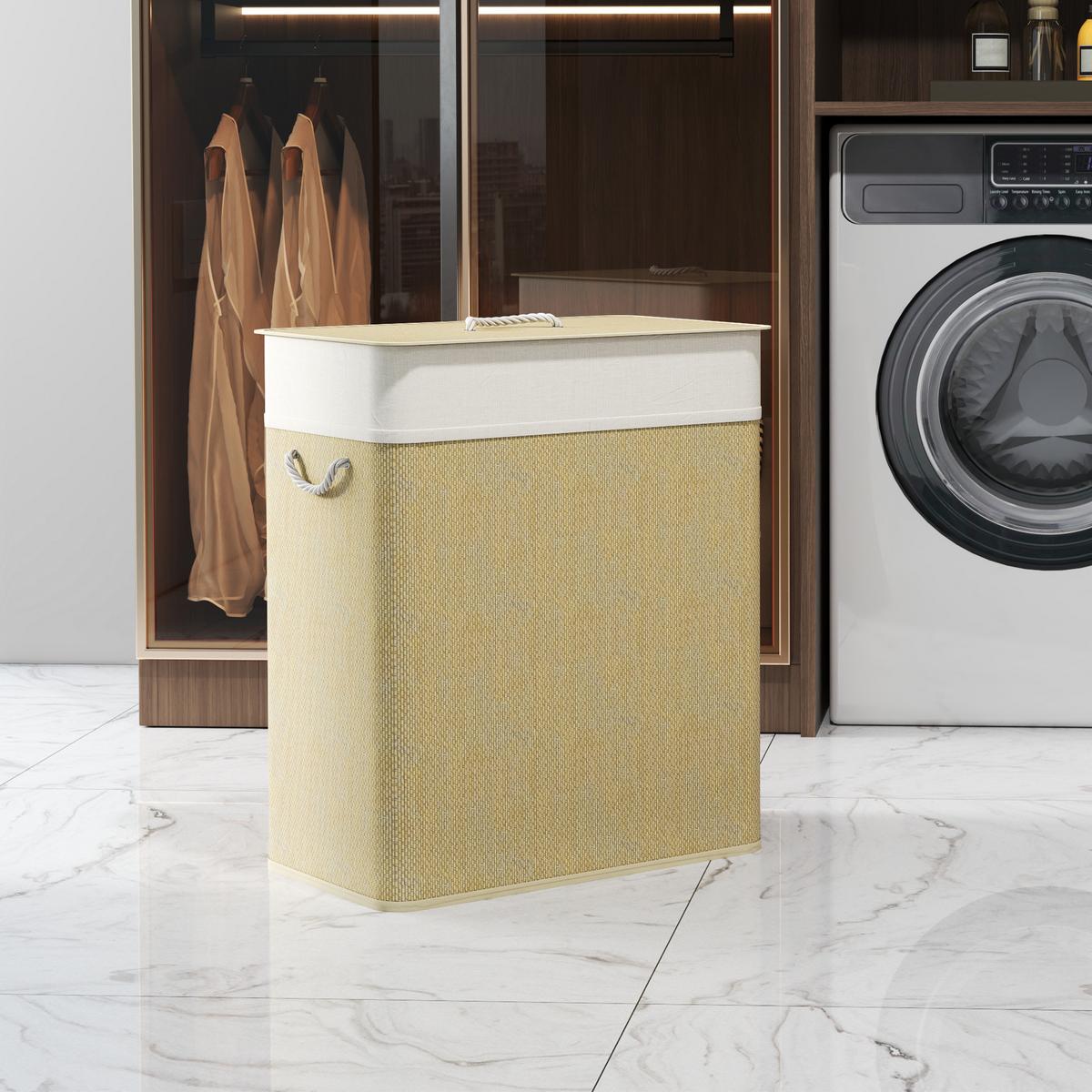 WÄSCHEKORB Bambus Cremeweiß - Hellbraun/Creme, Holz/Bambusholz (32/63/52cm) - HOMCOM
