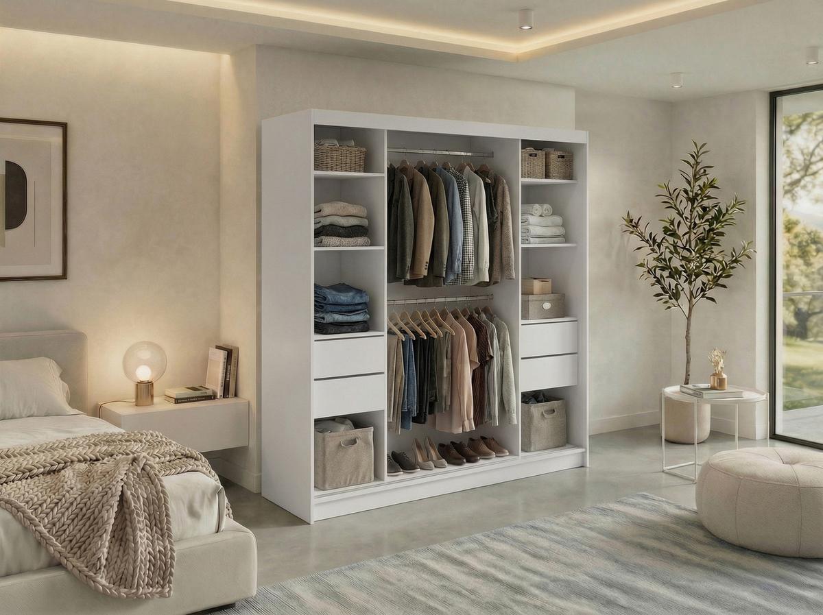 SCHWEBETÜRENSCHRANK mit Schubladen 200 - VERONA - Weiß mit Spiegel - Alufarben/Weiß, Holzwerkstoff/Metall (200/216/61cm) - MKS