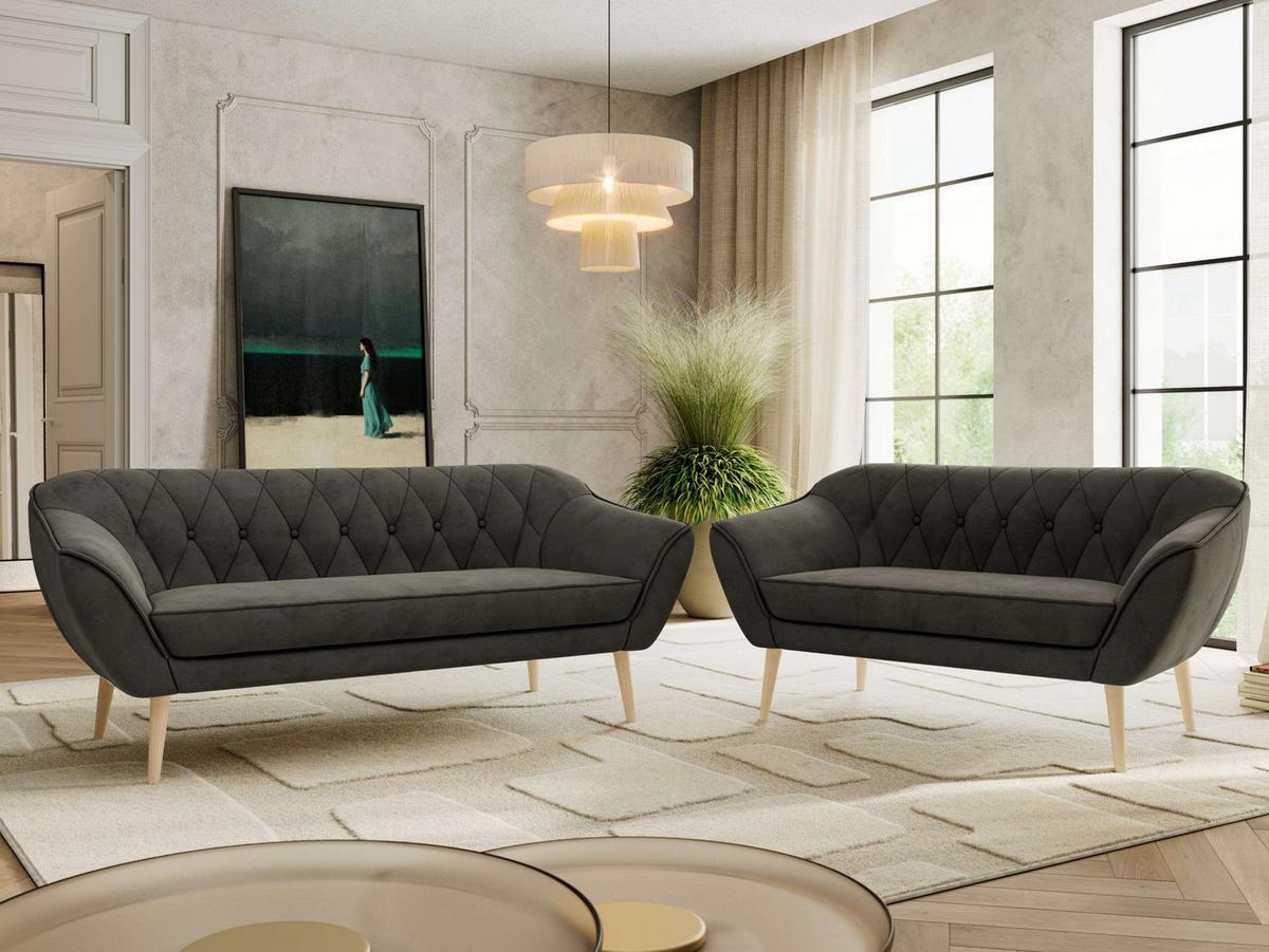 SITZGARNITUR PIRS 3+2 - Dunkelgrau Velvet - Holzbeine - Dunkelgrau/Buchefarben, Holzwerkstoff/Textil (180/75/74cm) - MKS