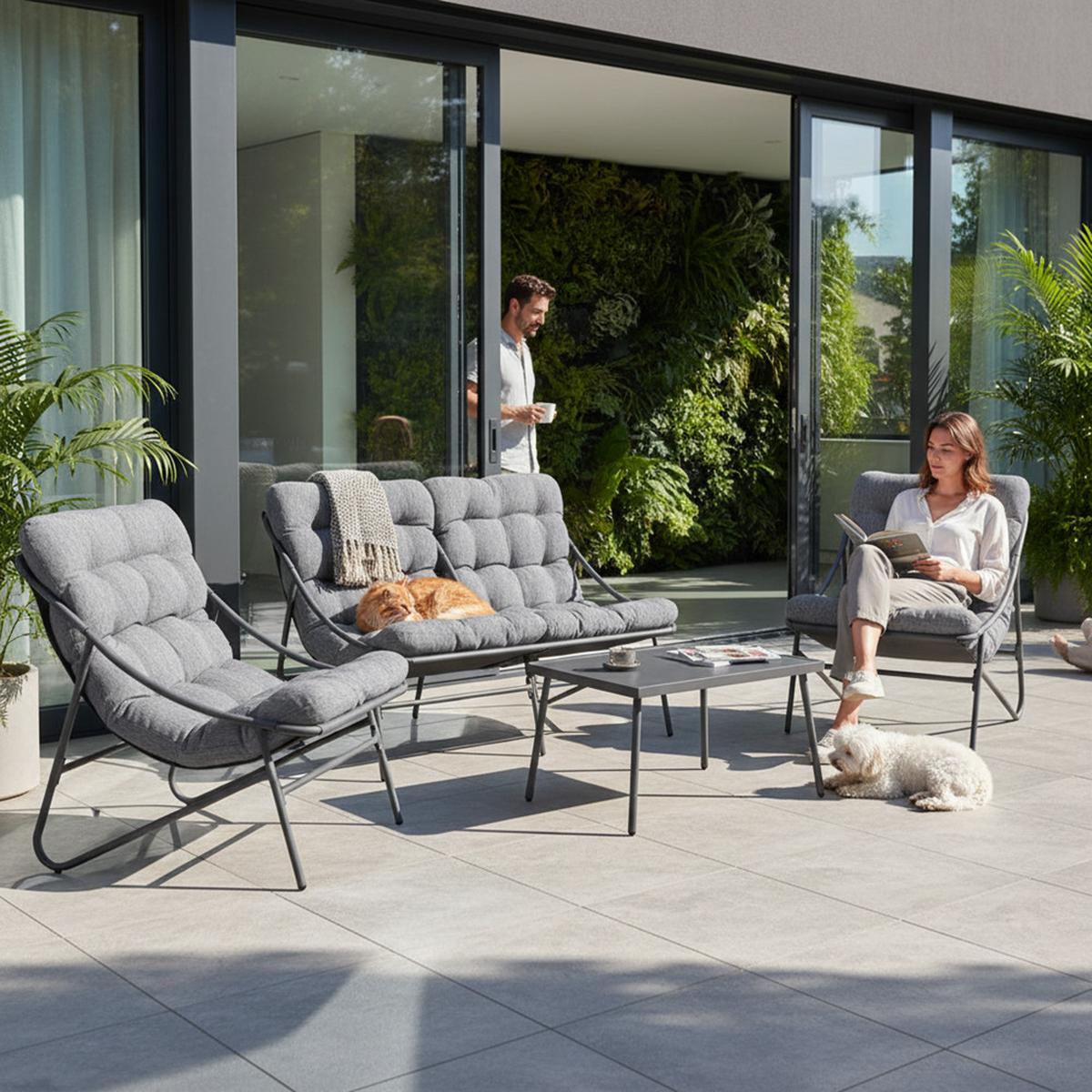 GARTENLOUNGE-SET VIBE 4-teilig mit Sofa, Sesseln und Tisch - Grau, Holzwerkstoff - RAUMHIRSCH FURNITURE