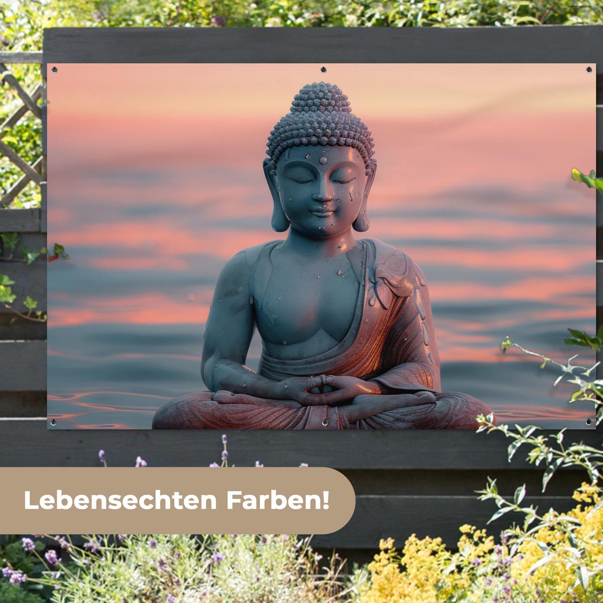 GARTENPOSTER Buddha - Statue - Buddha - Wasser - Kunst - Buddha Poster für draußen 180x120 cm - Blaugrau, Kunststoff (180/120/0.2cm) - OnlyWow