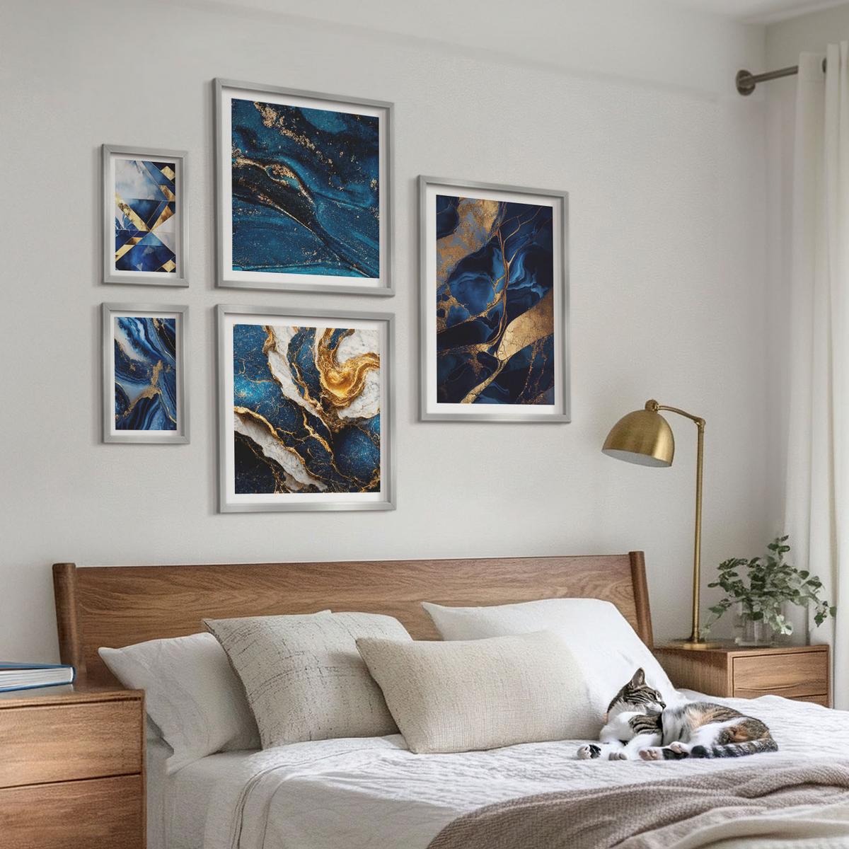 BILDER SET 5er Set - 50x50 cm & 20x30 cm & 40x60 cm Silberner Rahmen - Abstrakte, elegante Muster - Silberfarben, Kunststoff (40/60cm) - TULUP