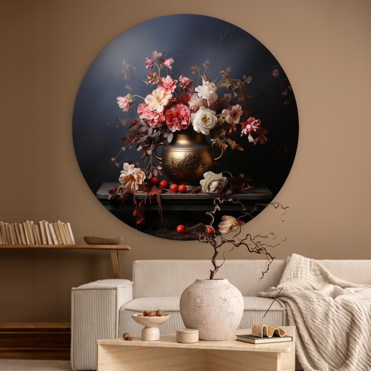 WANDBILD Stilleben - Blumen - Rosen - Blumenstrauß - Vase Deko Groß 150x150 cm - Dunkelbraun, Kunststoff (150/150cm) - MuchoWow
