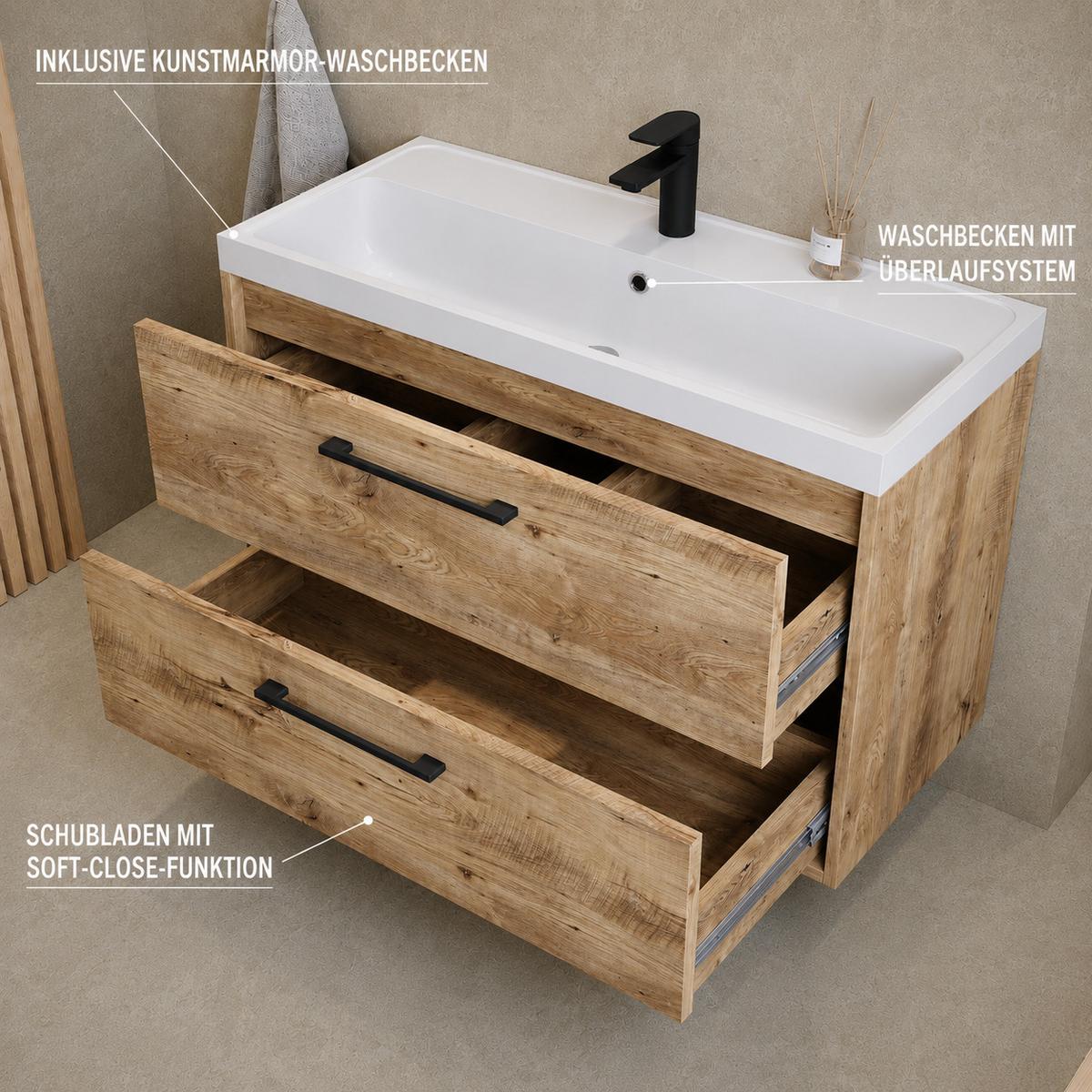 BADMÖBEL-SET Florence 2 Teile Kastanien Eiche - 80 x 40 x 51 cm - Eichefarben, Holz (80/51/40cm) - Badplaats