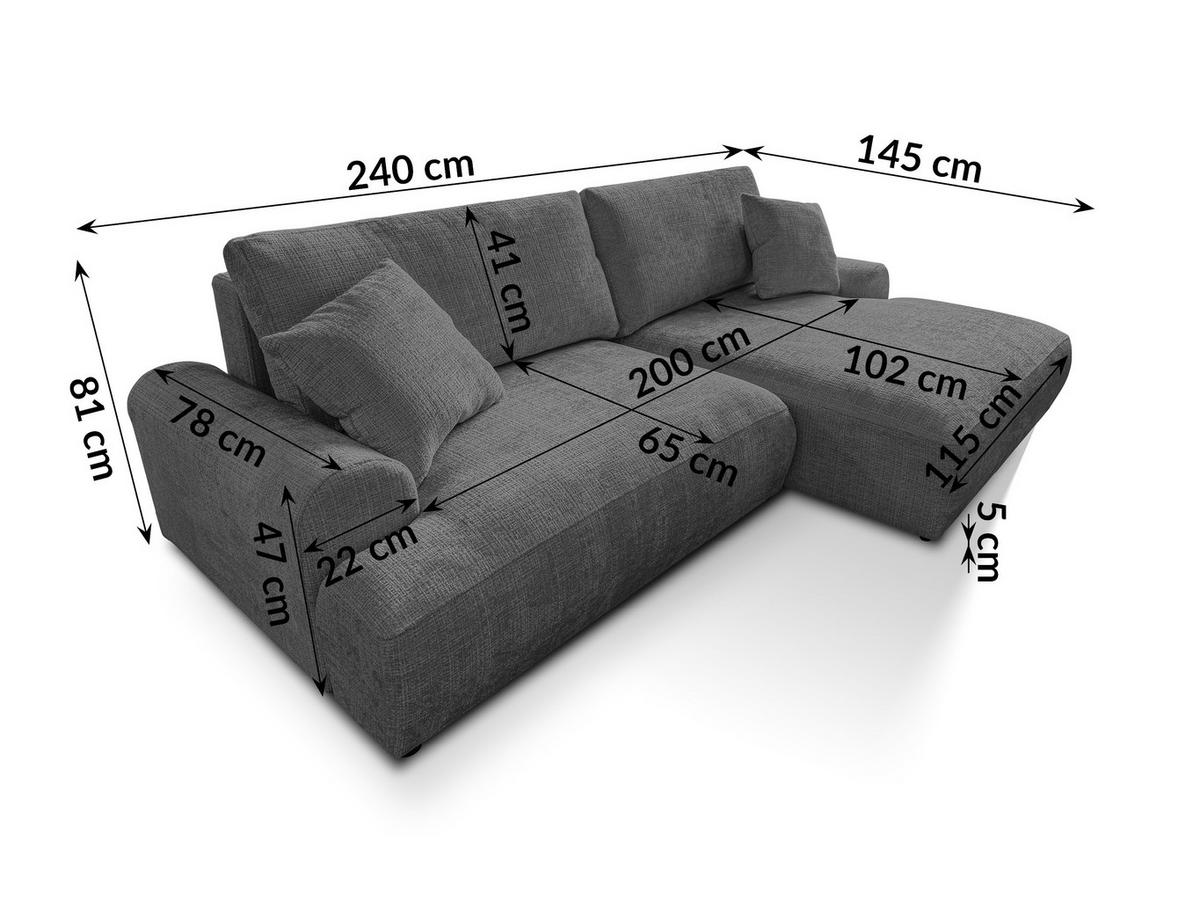 ECKSOFA Melvano mit Schlaffunktion und Bettkasten im Japandi-Stil aus weichem Grau Chenille-Stoff - Schwarz/Grau, Holz/Kunststoff (240/145cm) - S-Style