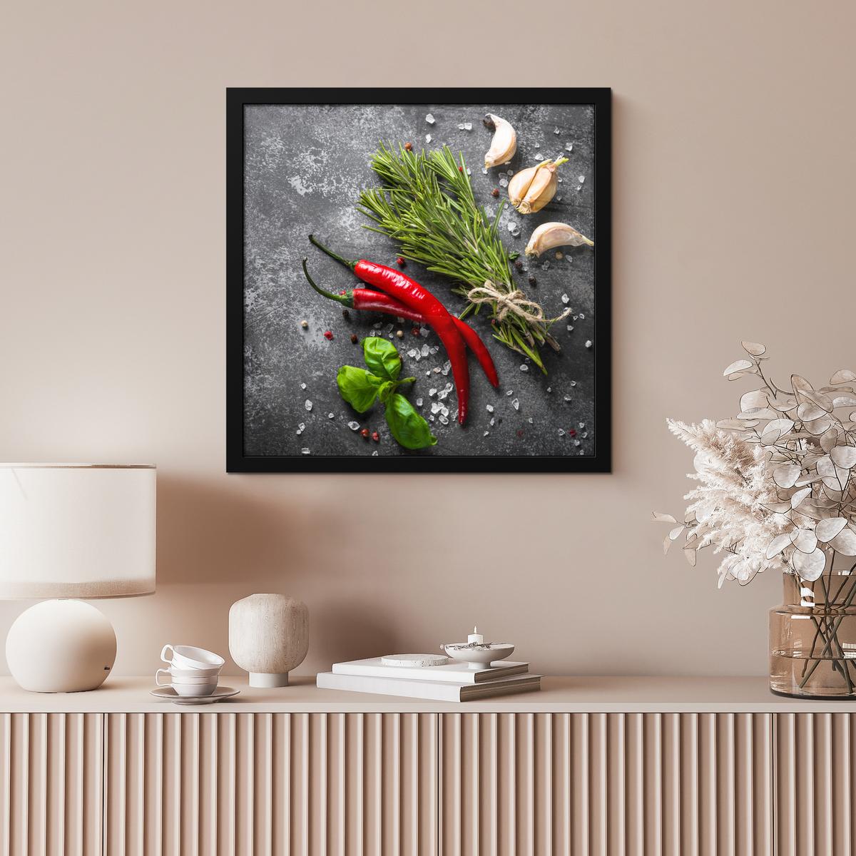 POSTER MIT RAHMENGERAHMTES BILD Pfeffer - Kräuter - Gewürze - Beton 40x40 cm - Dunkelgrau, Papier (40/40cm) - MuchoWow