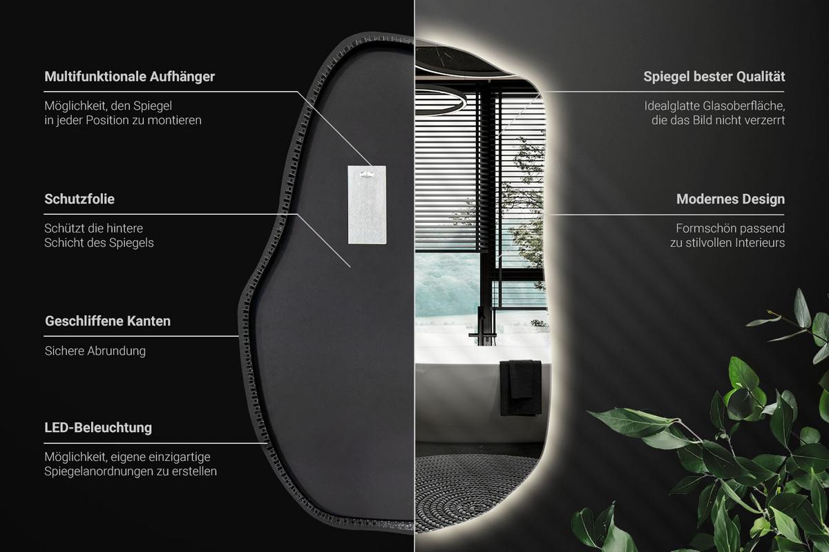 LED-SPIEGEL 80x52 cm Asymmetrisch Neutralweiß 4000K - Transparent, Glas (52/80/0.4cm) - Wallfluent