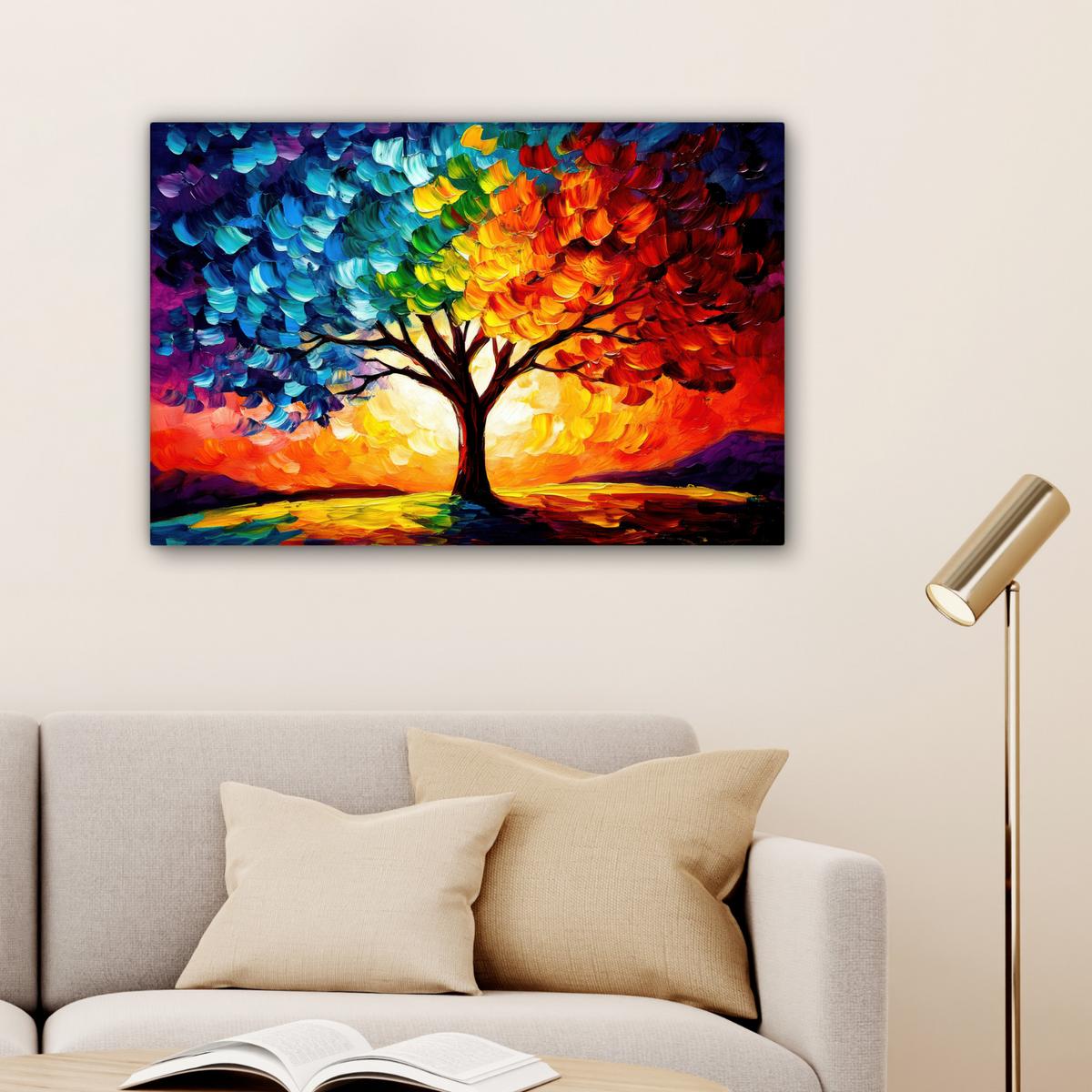 LEINWANDBILD Baum - Kunst - Natur - Sonnenuntergang Gemälde 60x40 cm - Multicolor, Textil (60/40cm) - MuchoWow