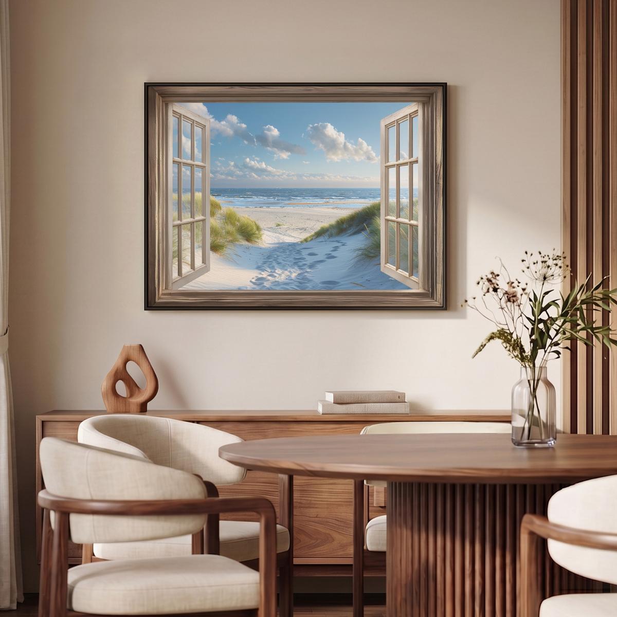 LEINWAND Bilder mit Rahmen - Aussicht - Strand - Fenster - Dünen - Meer - 100x70 - Hellblau, Textil (100/70cm) - MuchoWow