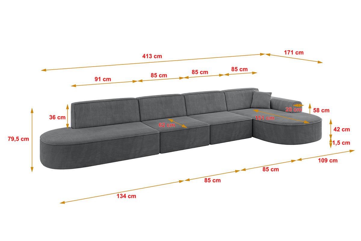 ECKSOFA Ottomane Rechts MARI-L3 - 413x171x79 cm Dunkelgrau Cord - Dunkelgrau/Schwarz, Holzwerkstoff/Kunststoff (171/413cm) - ALTDECOR