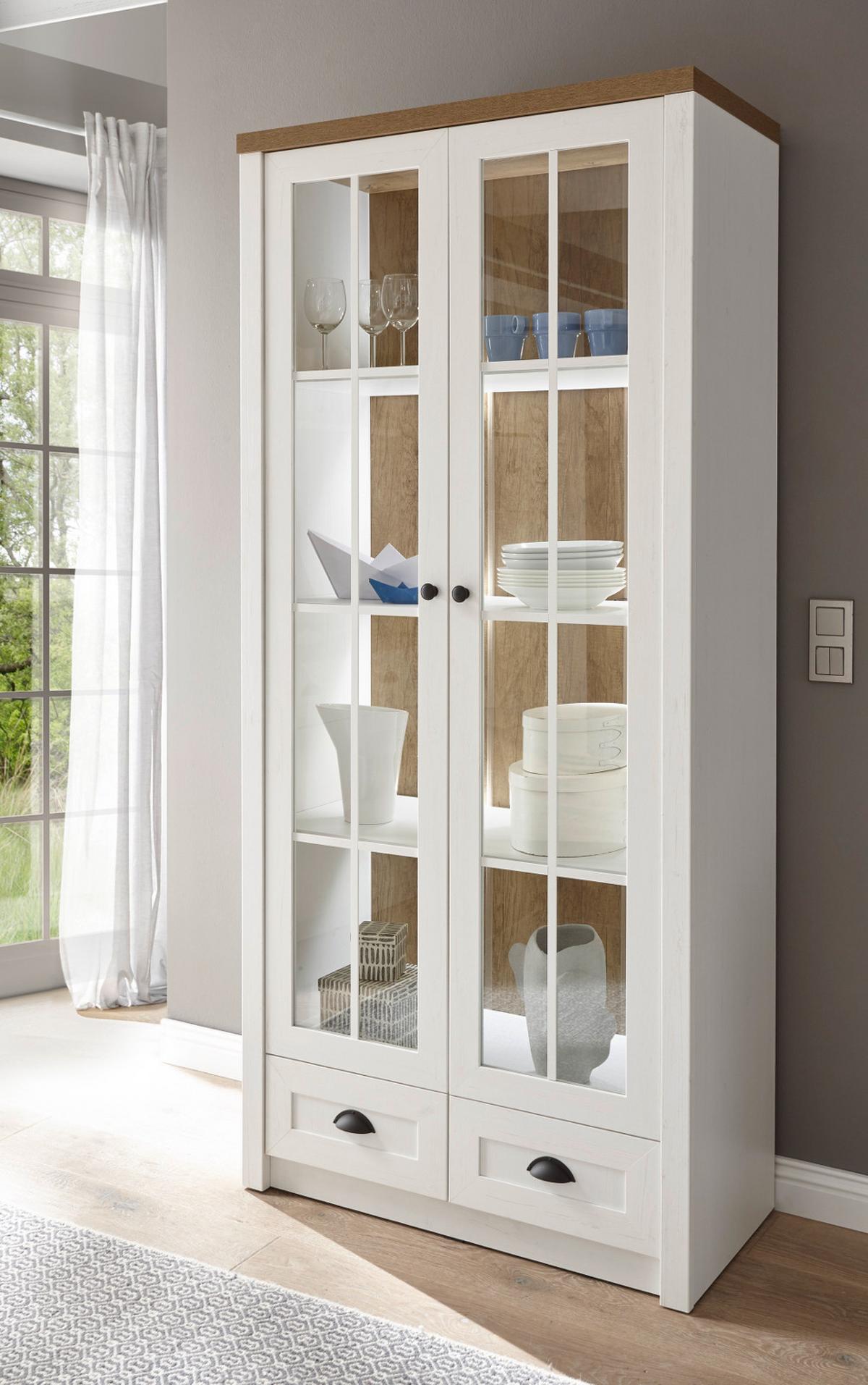 VITRINE weiß Pinie, Eiche hell Landhaus, Vitrinenschrank 90 x 198 cm - Eichefarben/Anthrazit, Holzwerkstoff/Metall (90/198/43cm) - Furn.Design