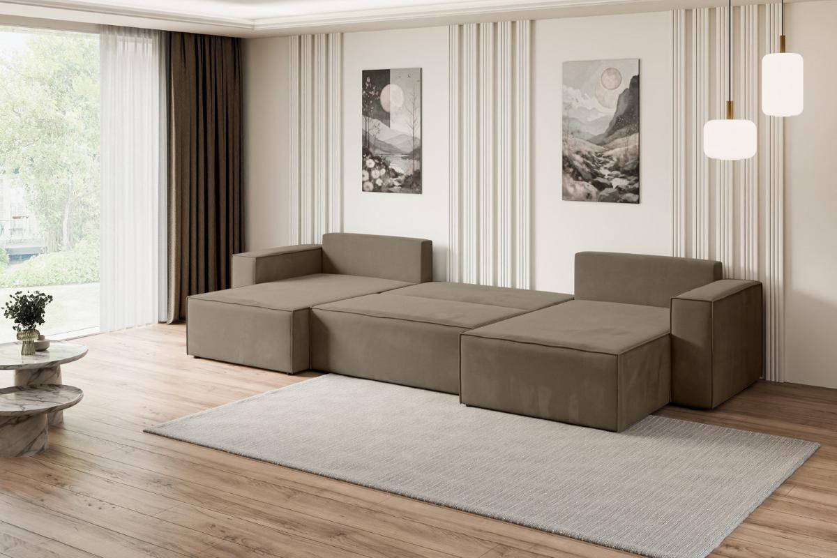 WOHNLANDSCHAFT mit Schlaffunktion und Bettkasten CELTIC-XLU - 377x143x83 cm Braun Velours - Schwarz/Braun, Holzwerkstoff/Kunststoff (377/83/143cm) - ALTDECOR
