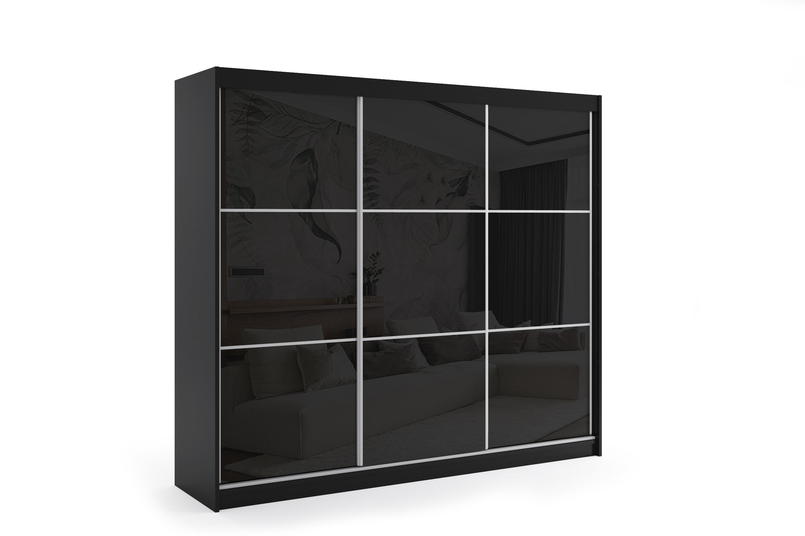 KLEIDERSCHRANK mit Lacobel-Schiebetüren und Aluminium- Leisten, LED-Beleuchtung - VIVI - 180 cm Schwarz - Schwarz, Holzwerkstoff (180/216/61cm) - ALTDECOR