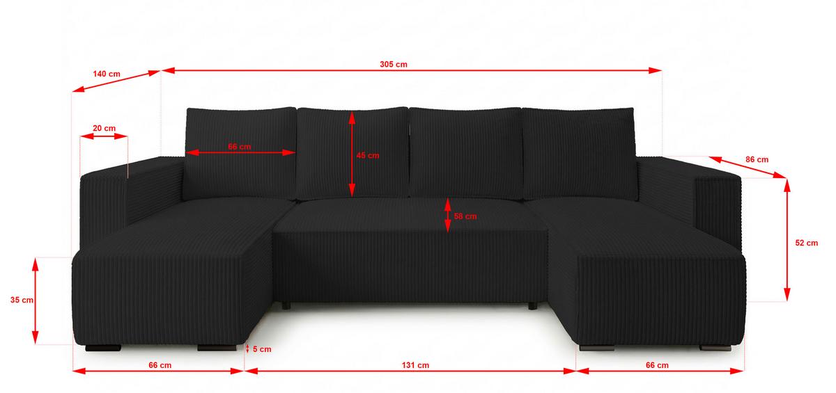 WOHNLANDSCHAFT CUDDY U mit Schlaffunktion und Bettkasten, Farbe: Schwarz, Cordstoff - Schwarz, Textil (305/85/140cm) - Storez24