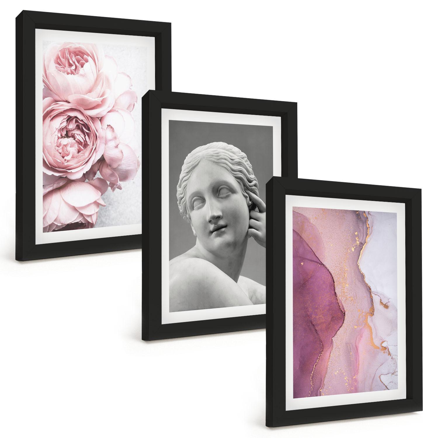 BILDER SET 3er Set - 20x30 cm Schwarzer Rahmen - Pfingstrosen abstrakte Frauenskulptur - Schwarz, Kunststoff (20/30cm) - TULUP