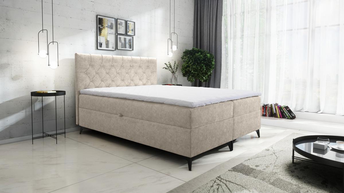 BOXBETT Palmeria 160/200 cm in Beige – mit Bettkasten und Topper - Beige/Schwarz, Holz/Holzwerkstoff (160/200cm) - AX Living