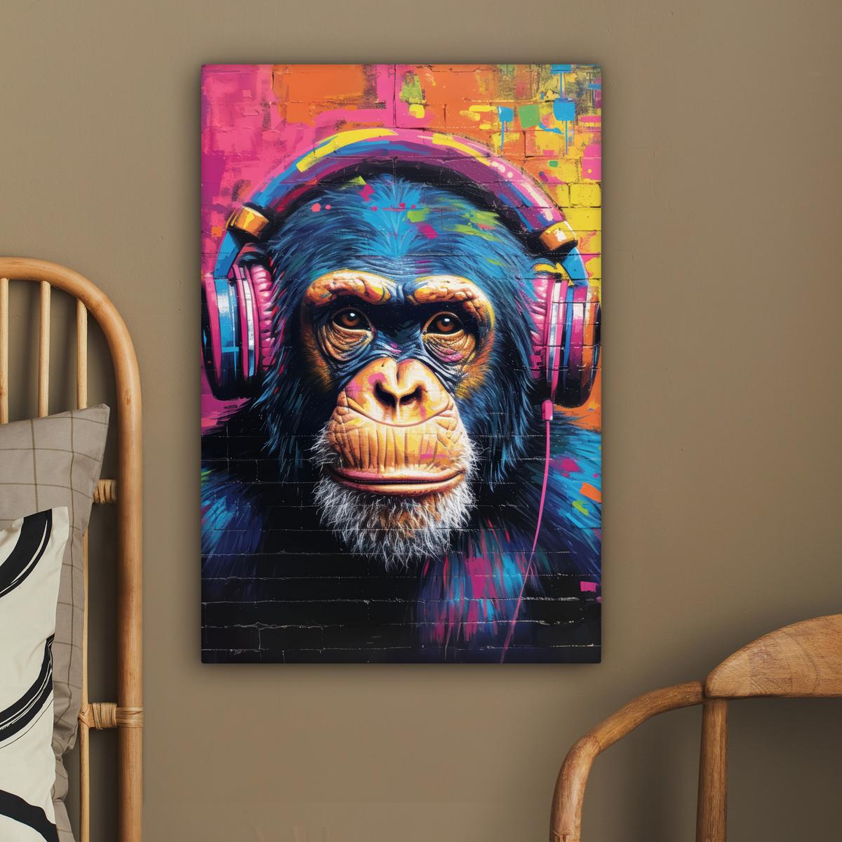 LEINWANDBILD Graffiti - Schimpanse - Straßenkunst - Kopfhörer - Affe Wanddeko Schlafzimmer 60x90 cm - Blau, Textil (60/90cm) - MuchoWow