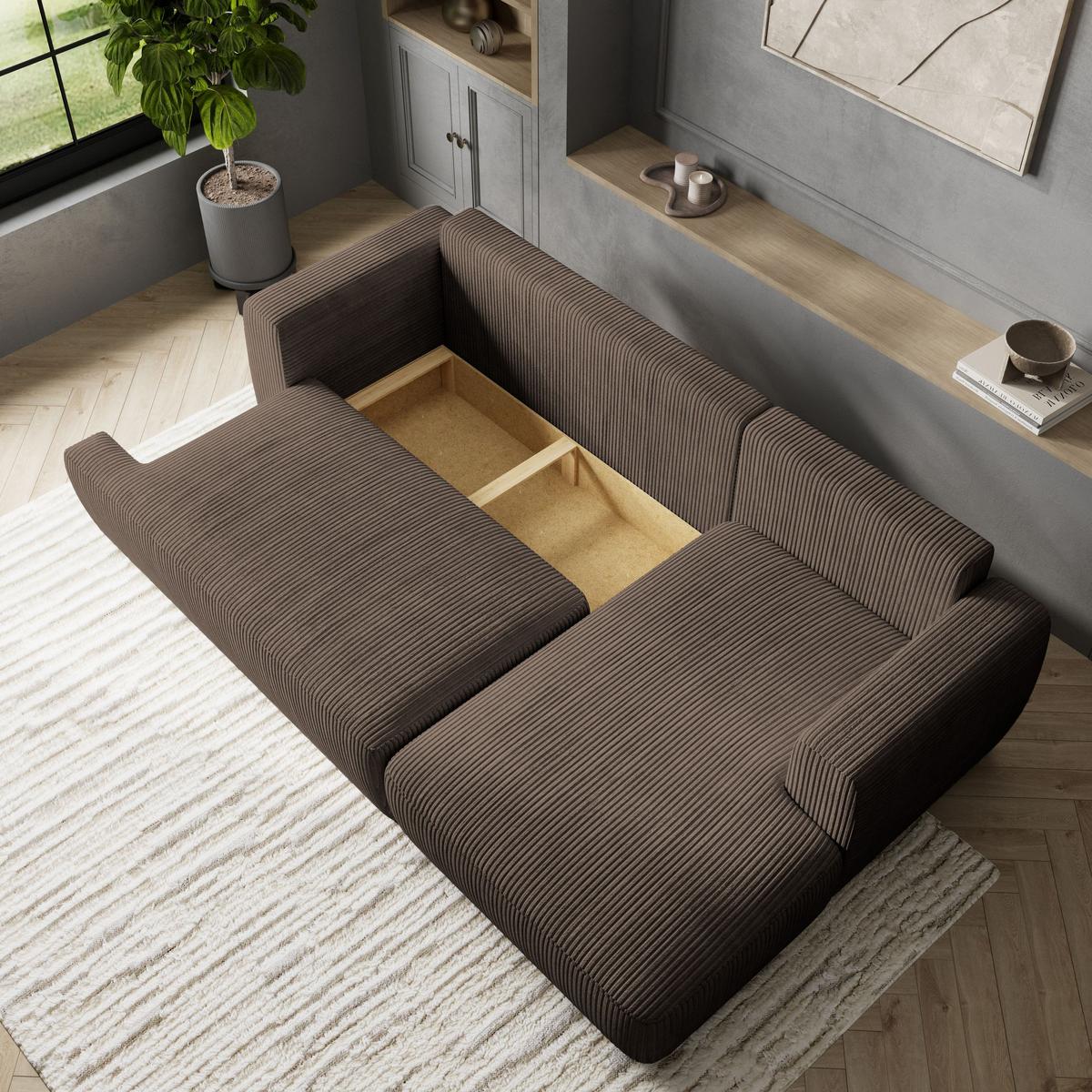 ECKSOFA SENTI P R-S Braun Kordstoff mit Schlaffunktion - Schwarz/Braun, Holz/Kunststoff (246/148cm) - MASSENO