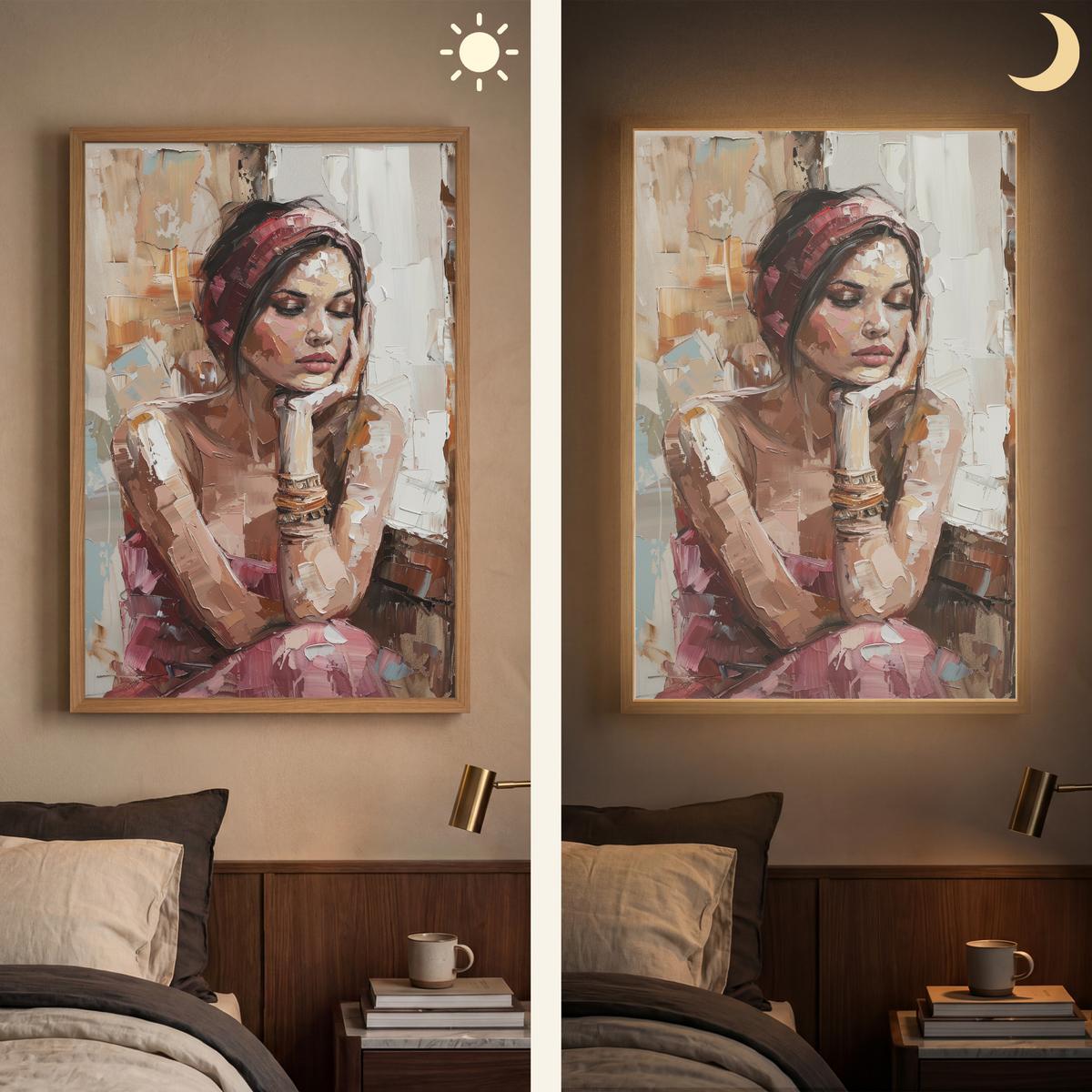 WANDLEUCHTE MIT AKKU Frau - Lackierung - Porträt - Modern 60x90 cm - Braun, Holzwerkstoff (60/90/8cm) - OnlyWow