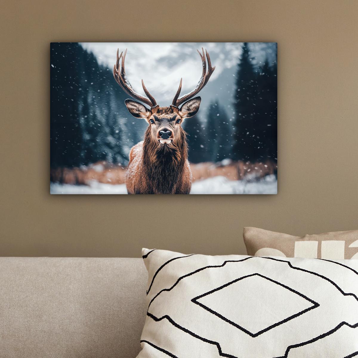LEINWANDBILD Hirsche - Tiere - Landschaft - Winter - Schnee Deko Schlafzimmer 30x20 cm - Kastanienfarben, Textil (30/20cm) - MuchoWow