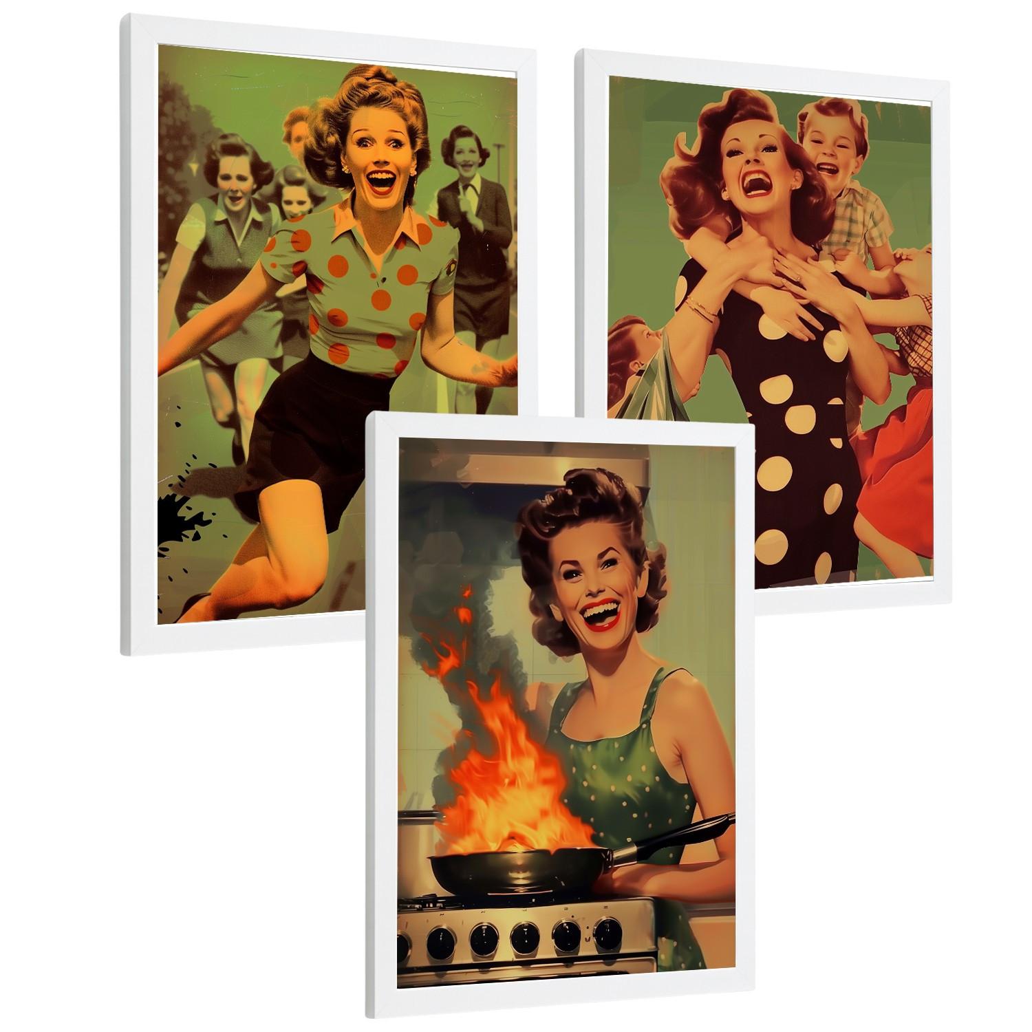 POSTER 3er Bilder-Set Wandbilder Retro Pin-up modern Wohnzimmer Deko, Schlafzimmer, Küche, Badezimmer Weißer Rahmen A4 - Weiß, Papier (29.7/1/21cm) - Nacnic