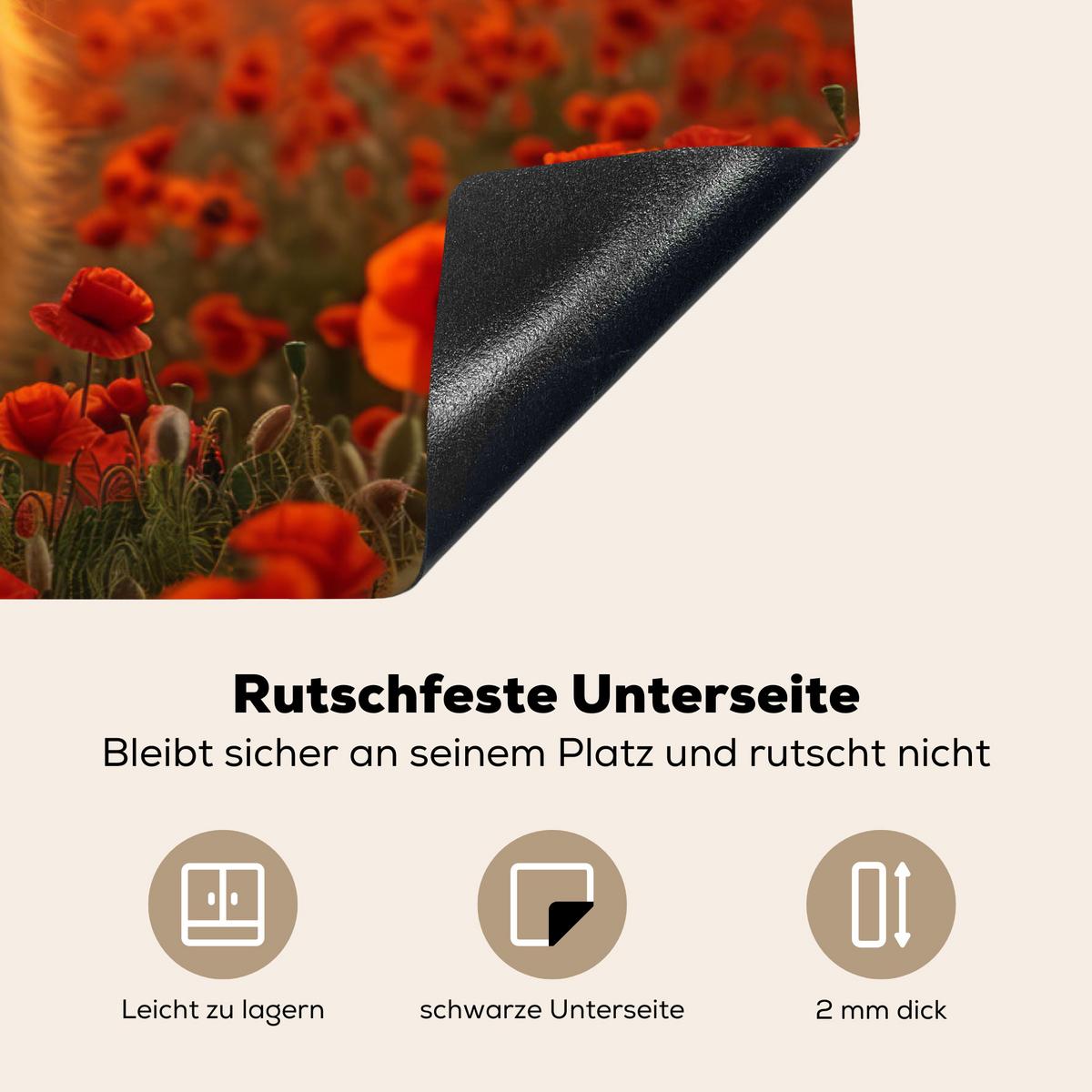 HERDABDECKPLATTE Schottische Highlander - Rosen - Blumenfeld - Sonnenuntergang Induktionsschutz 91.6x52.7 cm - Rotbraun, Kunststoff (91.6/52.7/0.2cm) - MuchoWow